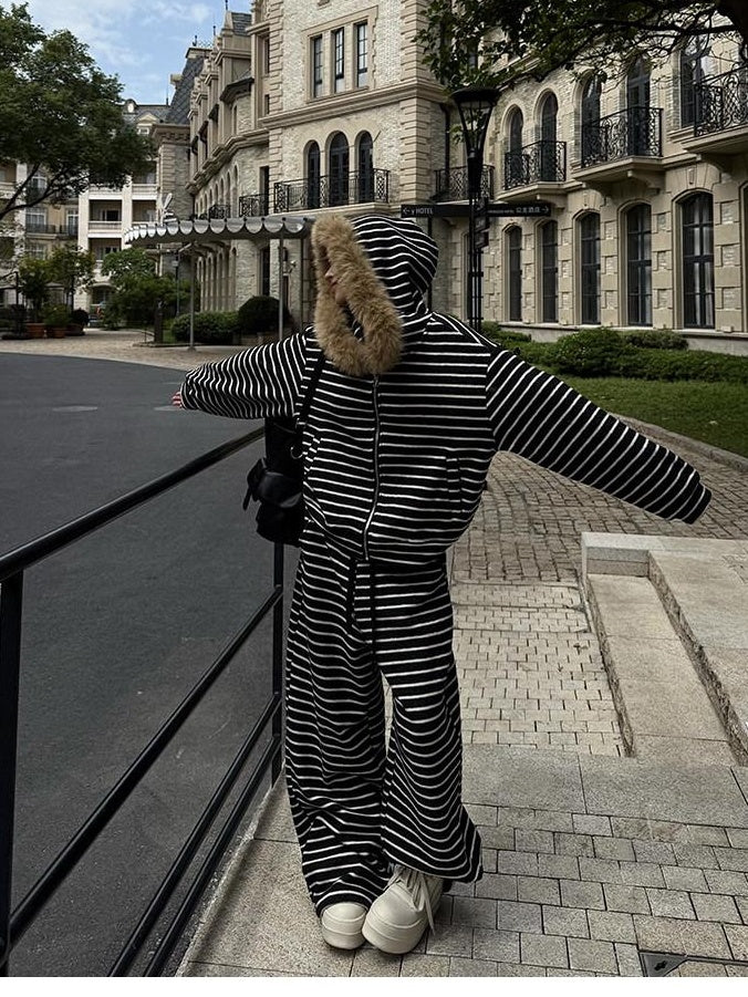 ZERO Thick Striped Light Stretch Long Sleeve Casual Women Top & Pants Sets