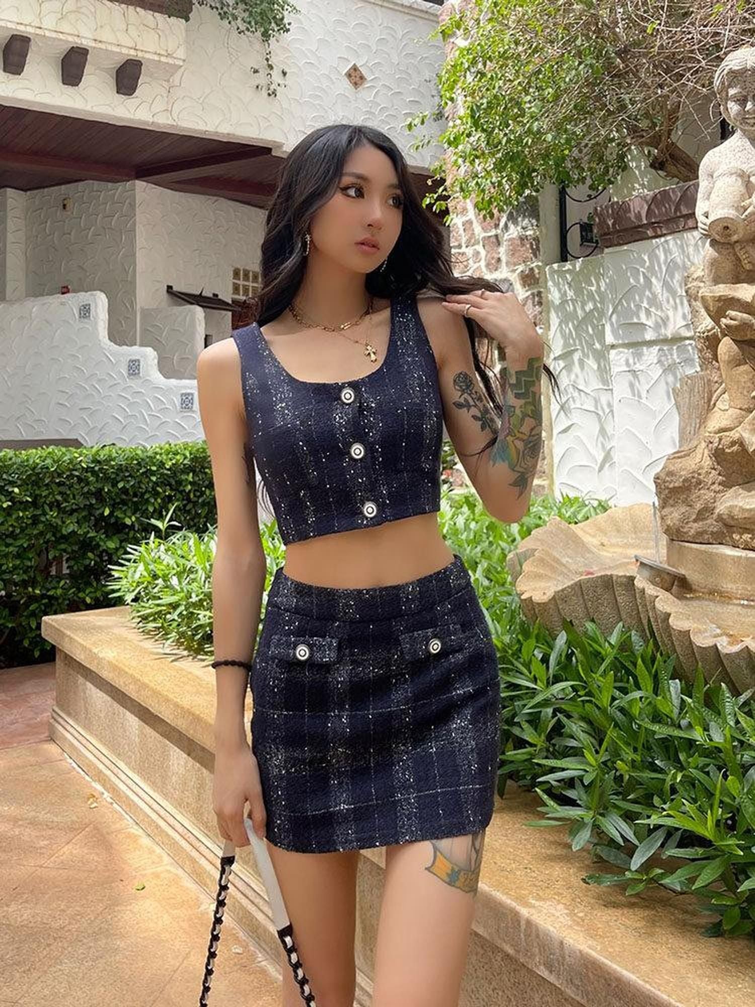 ZERO Blue Cropped Plaid Casual Two Piece Young Women Short Fit Top & Skirt Sets
