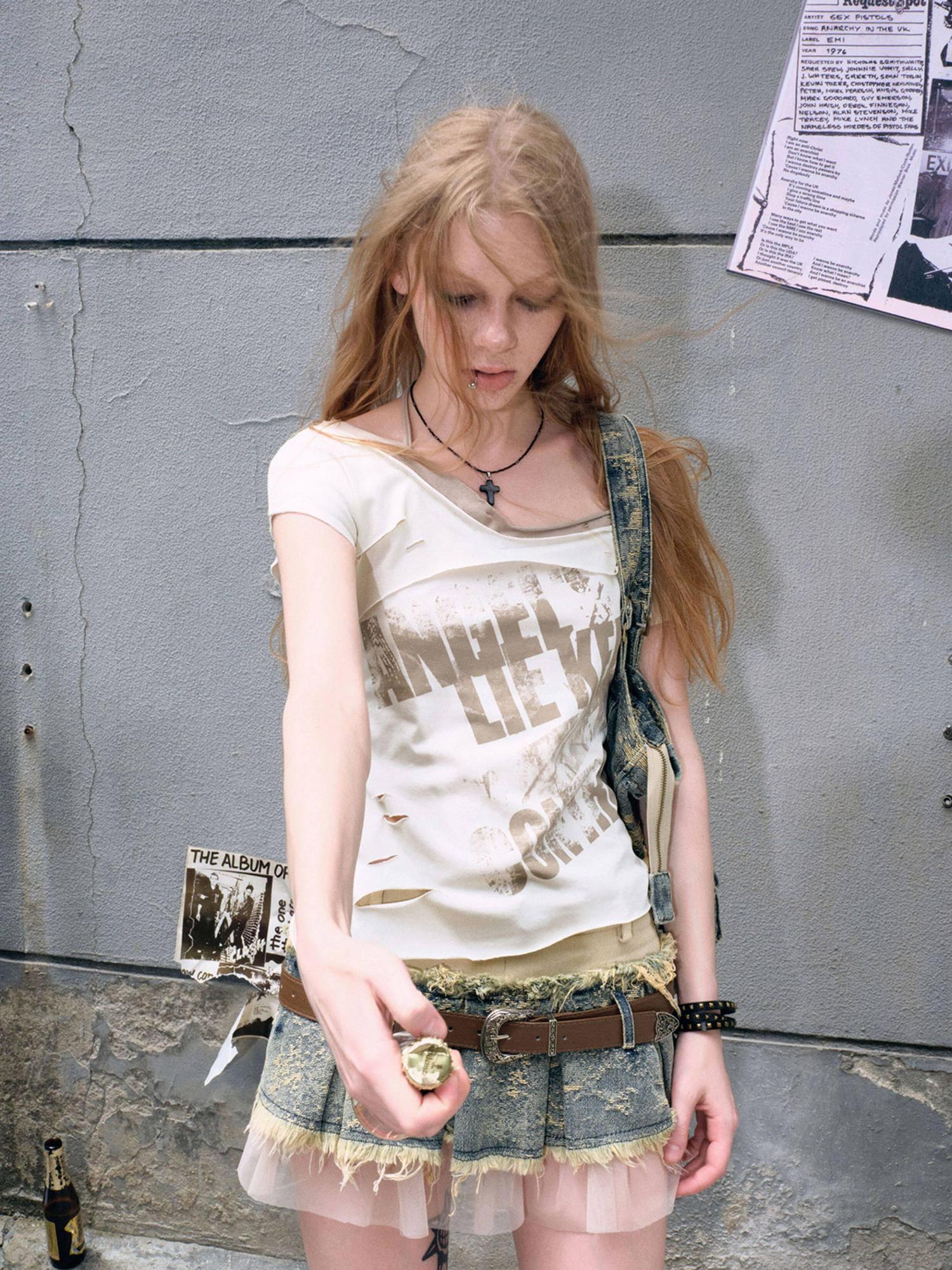 Cest Nous Soft Cotton Blend V-neck Punk Short Sleeve Women Beige Sage Offshouldercroptops