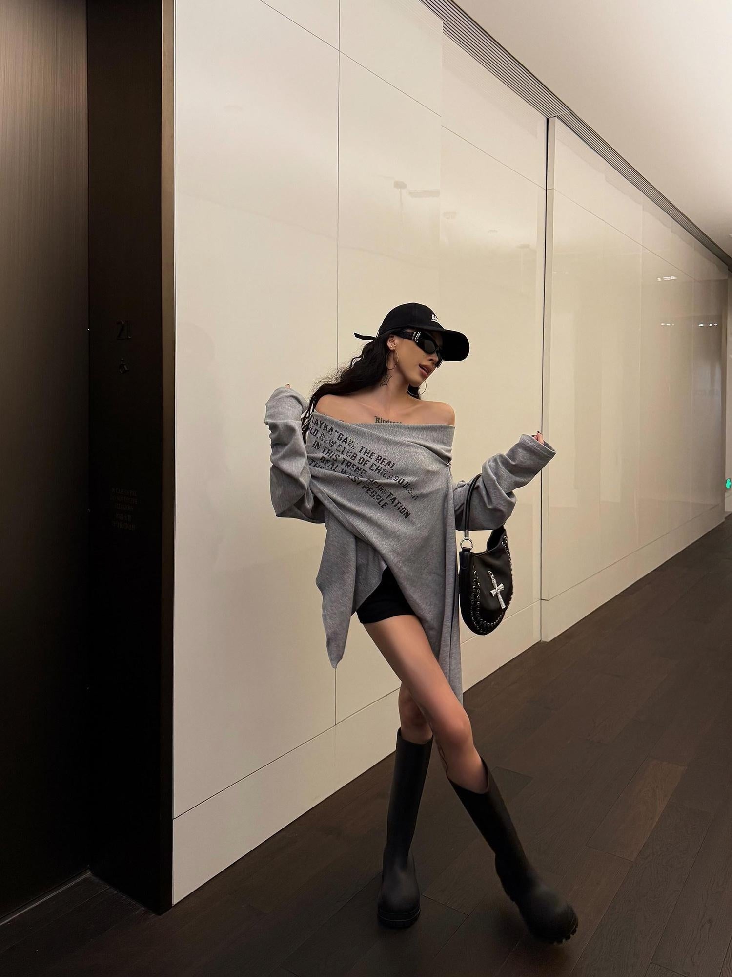 ZERO Cotton Printed Faux Layered Casual Pullover Women Gray Long Sleeve T-Shirts