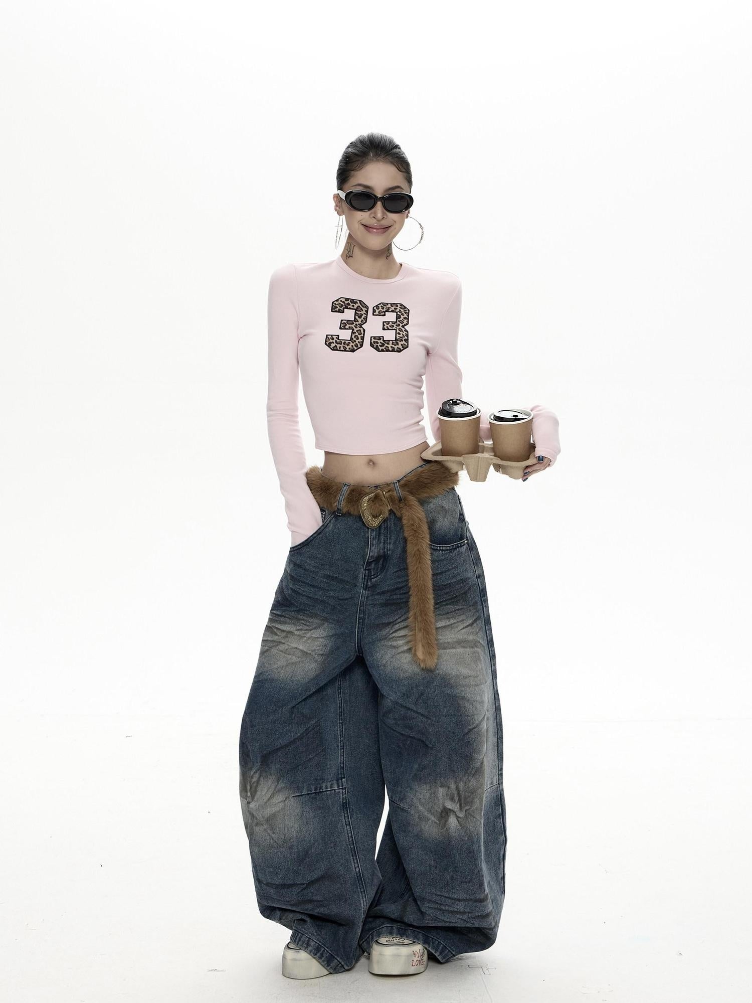 ZERO Retro Distressed Low Rise Loose Blue Denim Button Fly Womens Wide Leg Jeans
