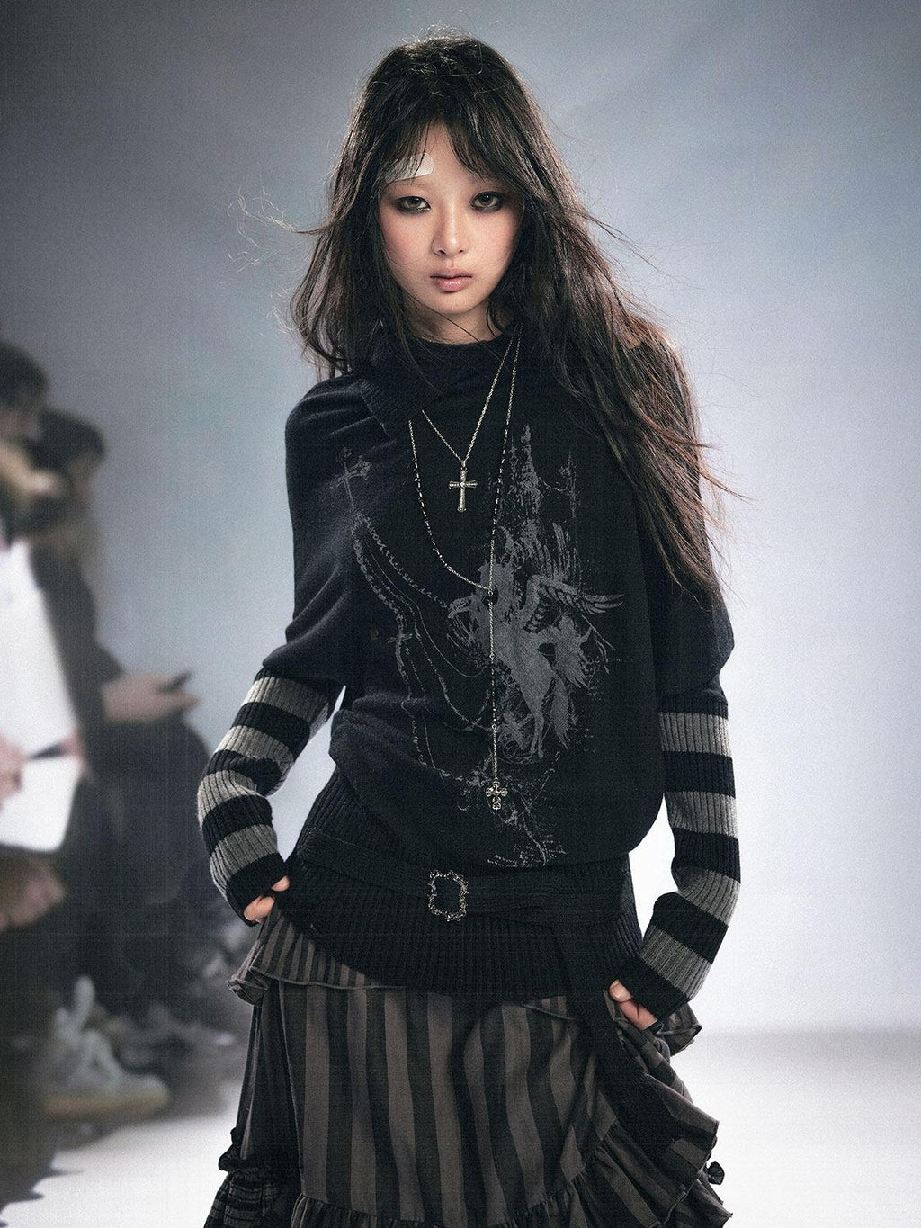 Cest Nous Cozy Wool Blend Punk Batwing Sleeve Regular Fit Women Striped Character Knitwear