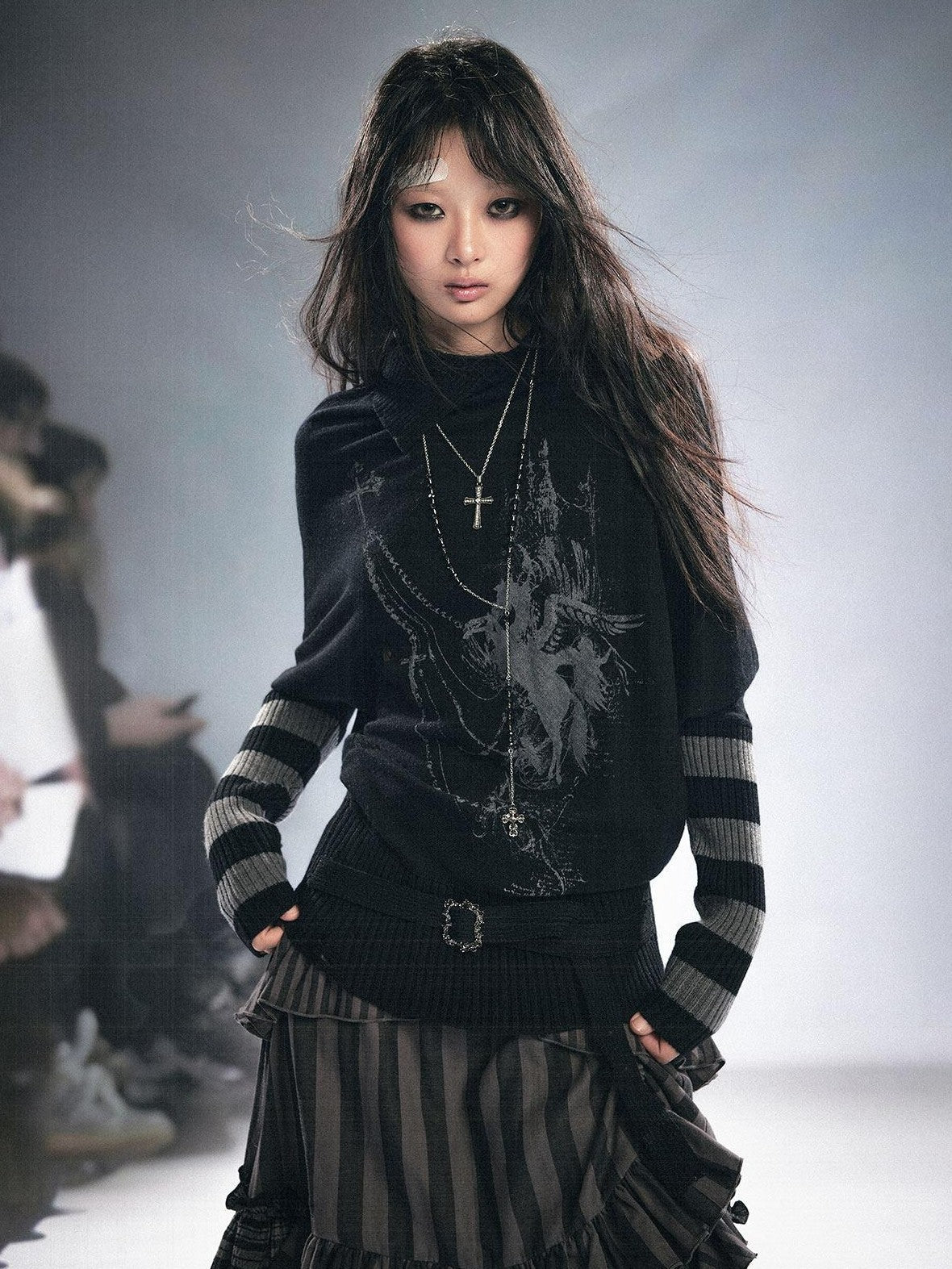 Cest Nous Cozy Wool Blend Punk Batwing Sleeve Regular Fit Women Striped Character Knitwear