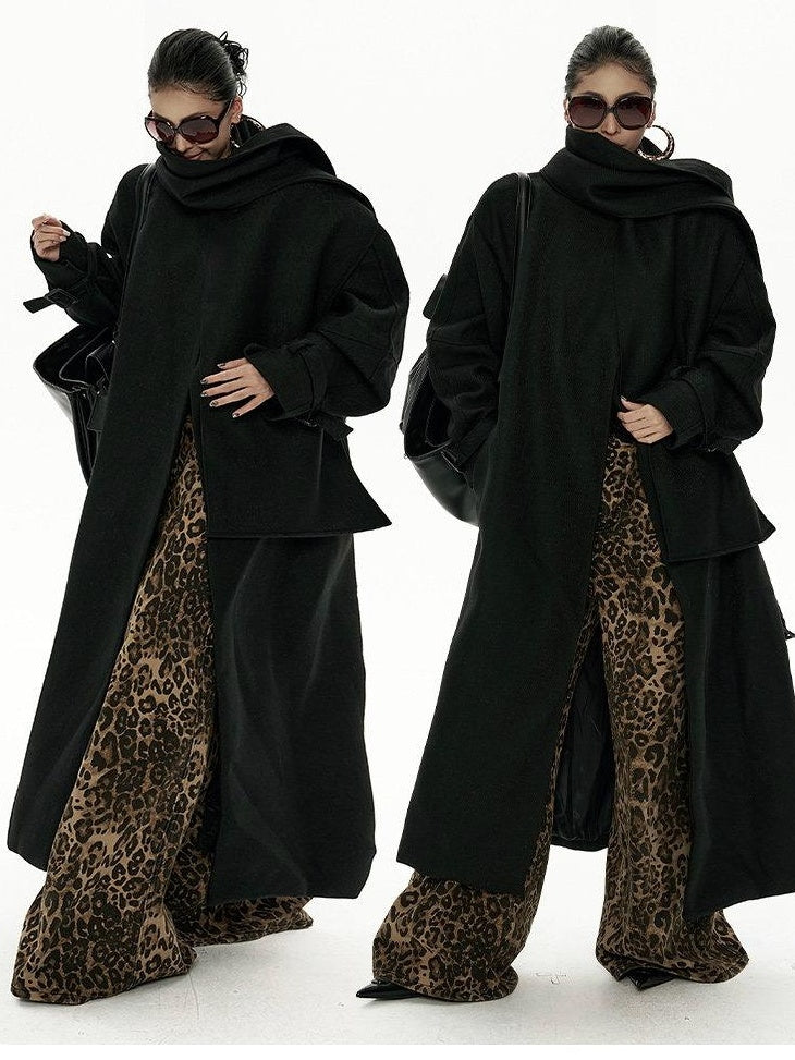 ZERO Thick Linen Belted Stand Collar Commuter For Young Women Black Long Coats