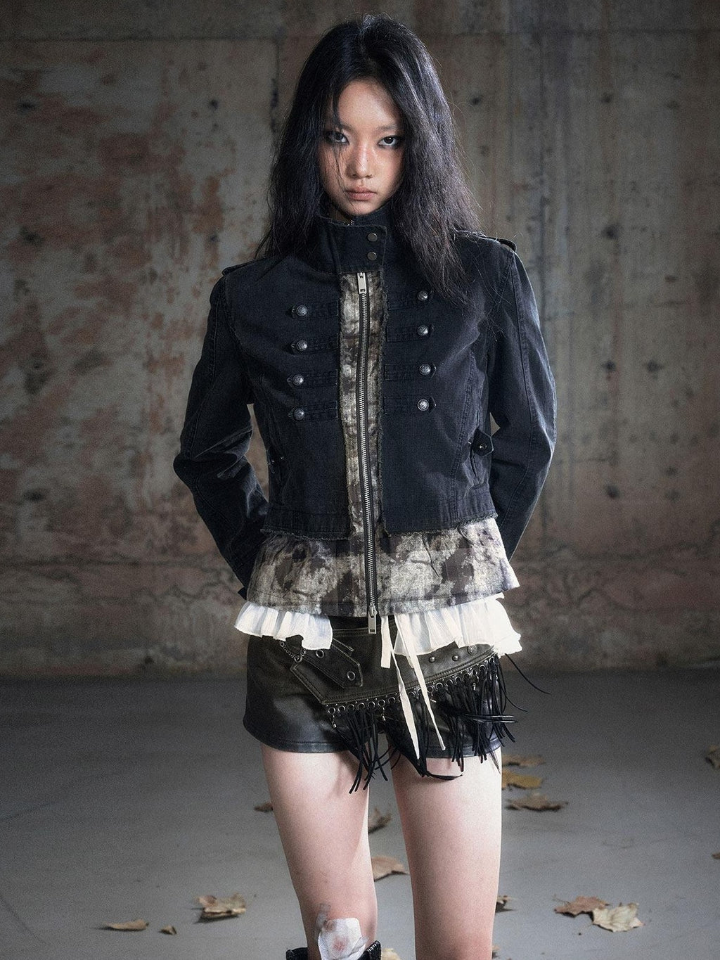 Cest Nous Frayed Punk Stand Collar Camo Cotton Button Long Sleeve Women Croppedjackets