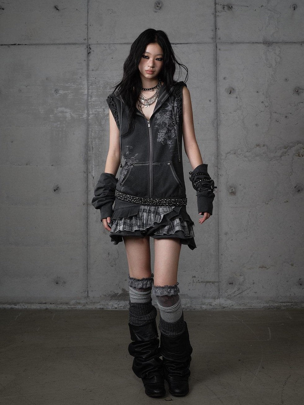 NO ROMANCE Deep Gray Y2K Printed Lace Detachable Hood Sweatshirt Women'S Mini Dresses