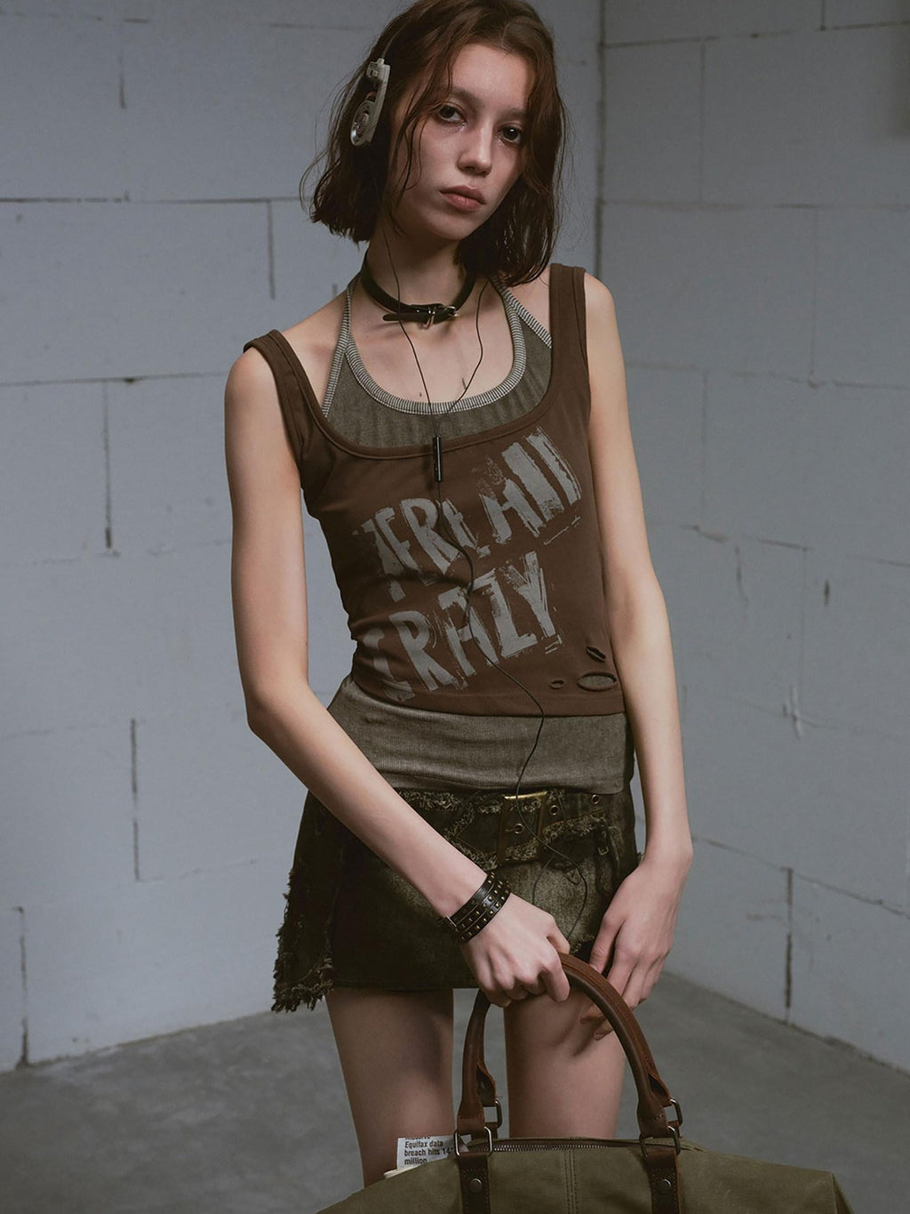 Cest Nous Distressed Print Punk Slim Halter Female Cotton Blend Brown Gray Tanktops