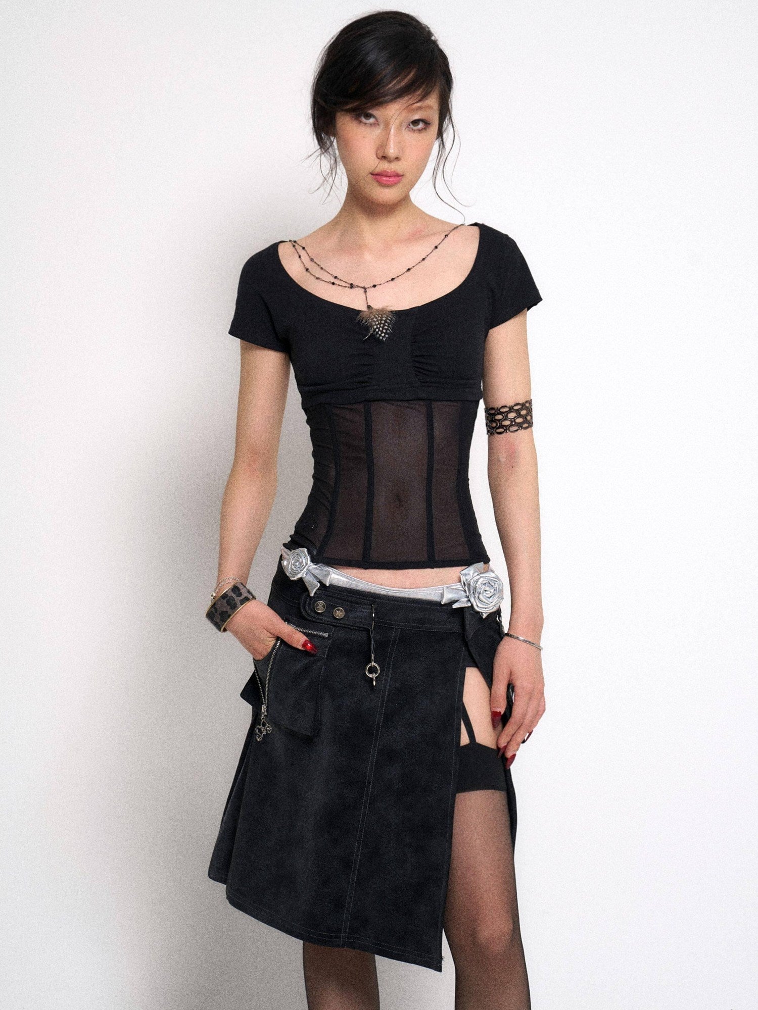 Flowers birds Market Cutout Gothic Slim Fit Solid Black Women Cotton Stretch Short Sleeve T-Shirts