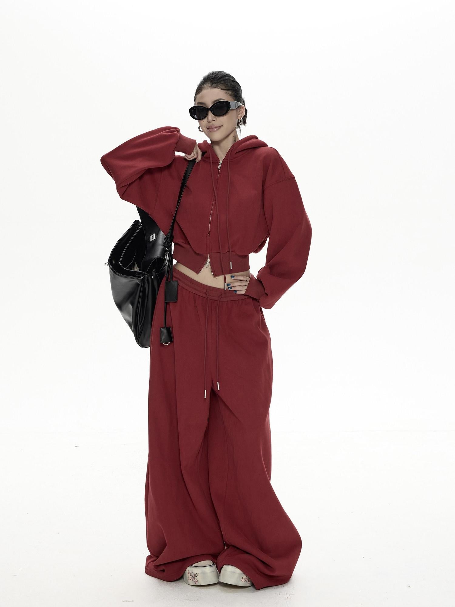 ZERO Thick Cotton Relaxed Fit Long Sleeve Women Casual Red Top & Pants Sets