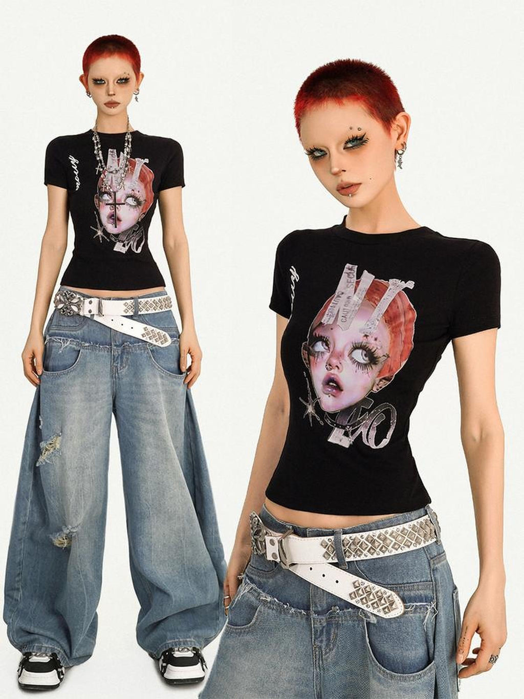 Nico Molly Moisture Wicking Slim Casual Creative Print Round Neck Women Basic Crop Tops