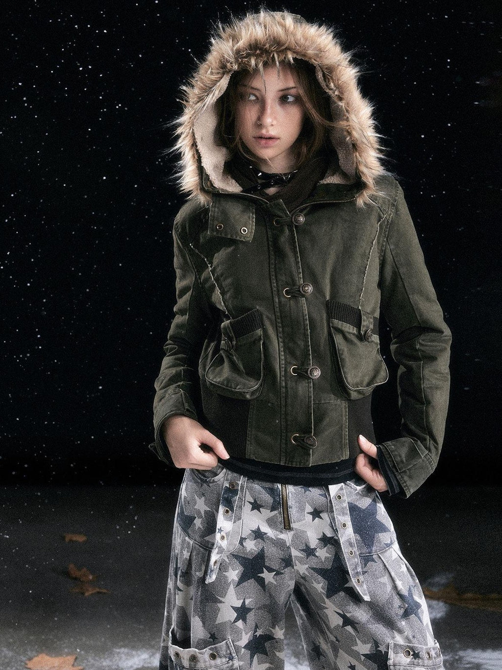 Cest Nous Cotton Padded Hooded Straight Fit Women Workwear Zip Front Olive Croppedjackets