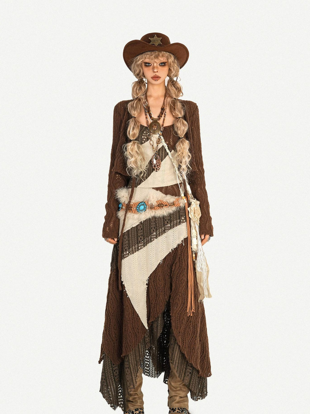 Nico Molly Fringed Knit Slim Fit Vintage Beige High Waist Casual Youth Top & Skirt Sets