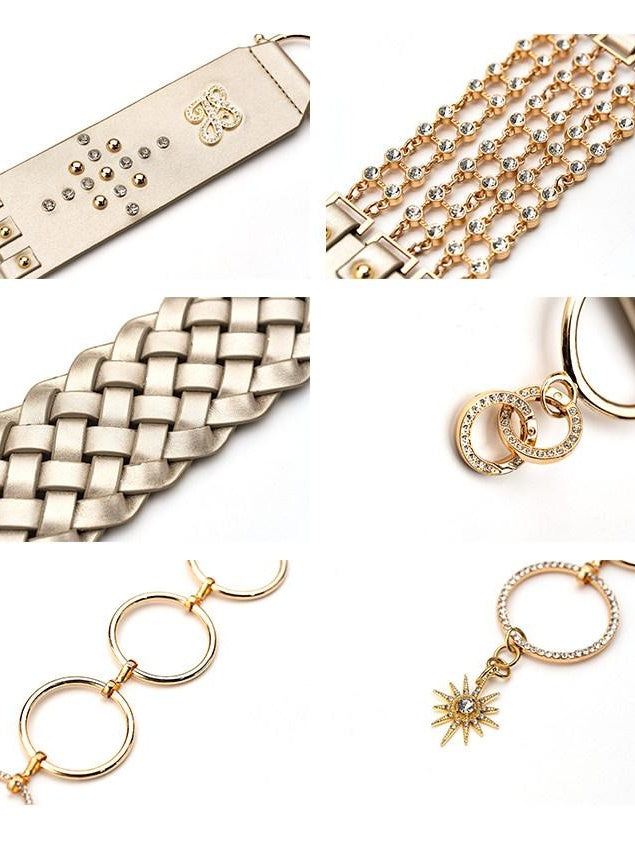JYOSEI Rhinestone Braided Y2K Double Ring Adjustable Champagne Gold Belts