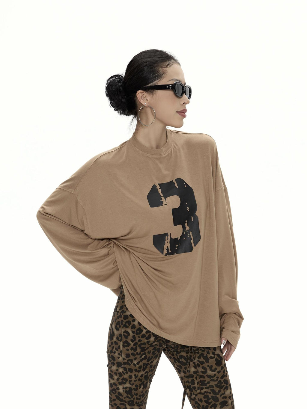 ZERO Viscose Knit Loose Midlength Number Print Round Neck Unisex Long Sleeve T-Shirts