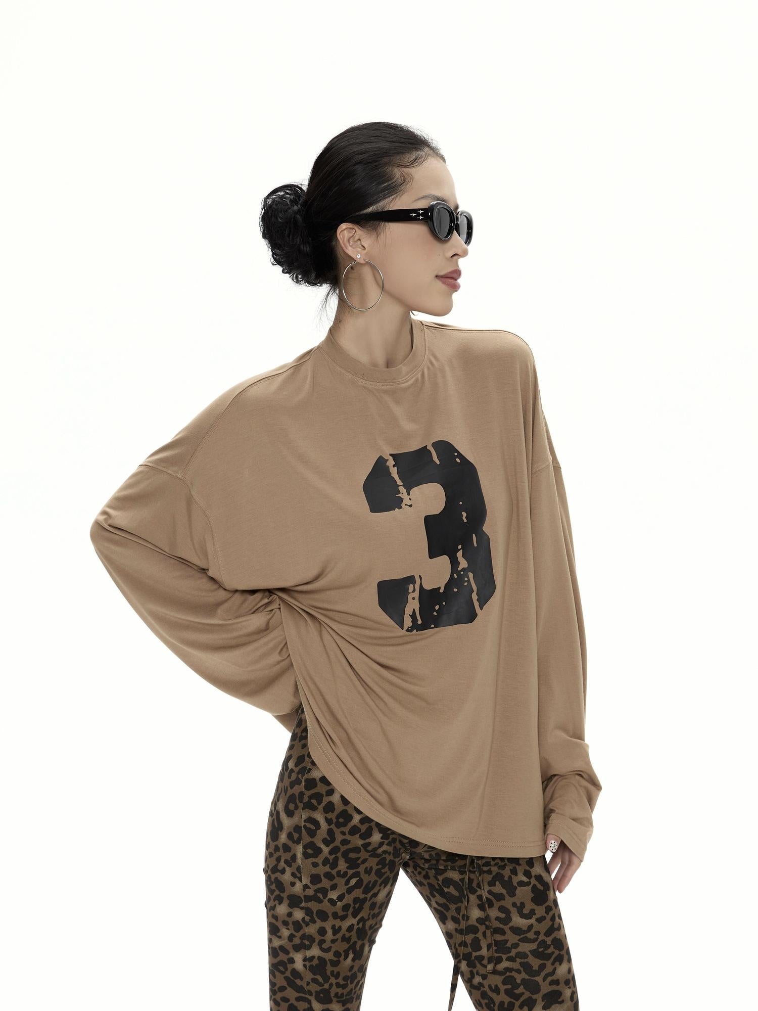 ZERO Viscose Knit Loose Midlength Number Print Round Neck Unisex Long Sleeve T-Shirts
