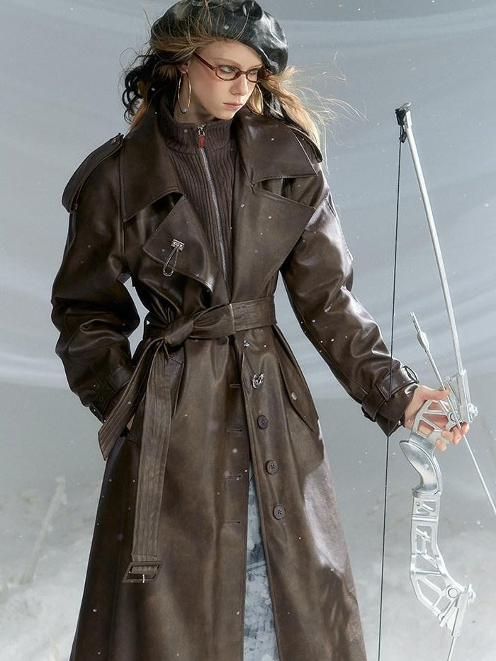 OfAkiva Thick Faux Leather Slim Fit Blazer Collar Pocket Midlength Women Long Coats