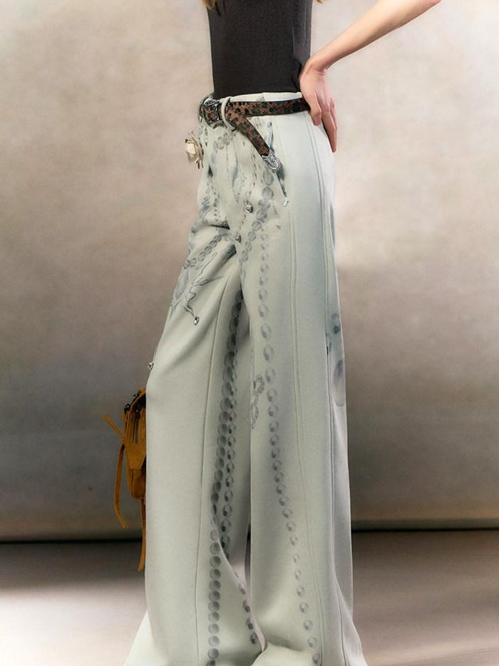 OfAkiva High Waisted Printed Chinese Style Zip Fly Women Gray Tailored Straight Pants