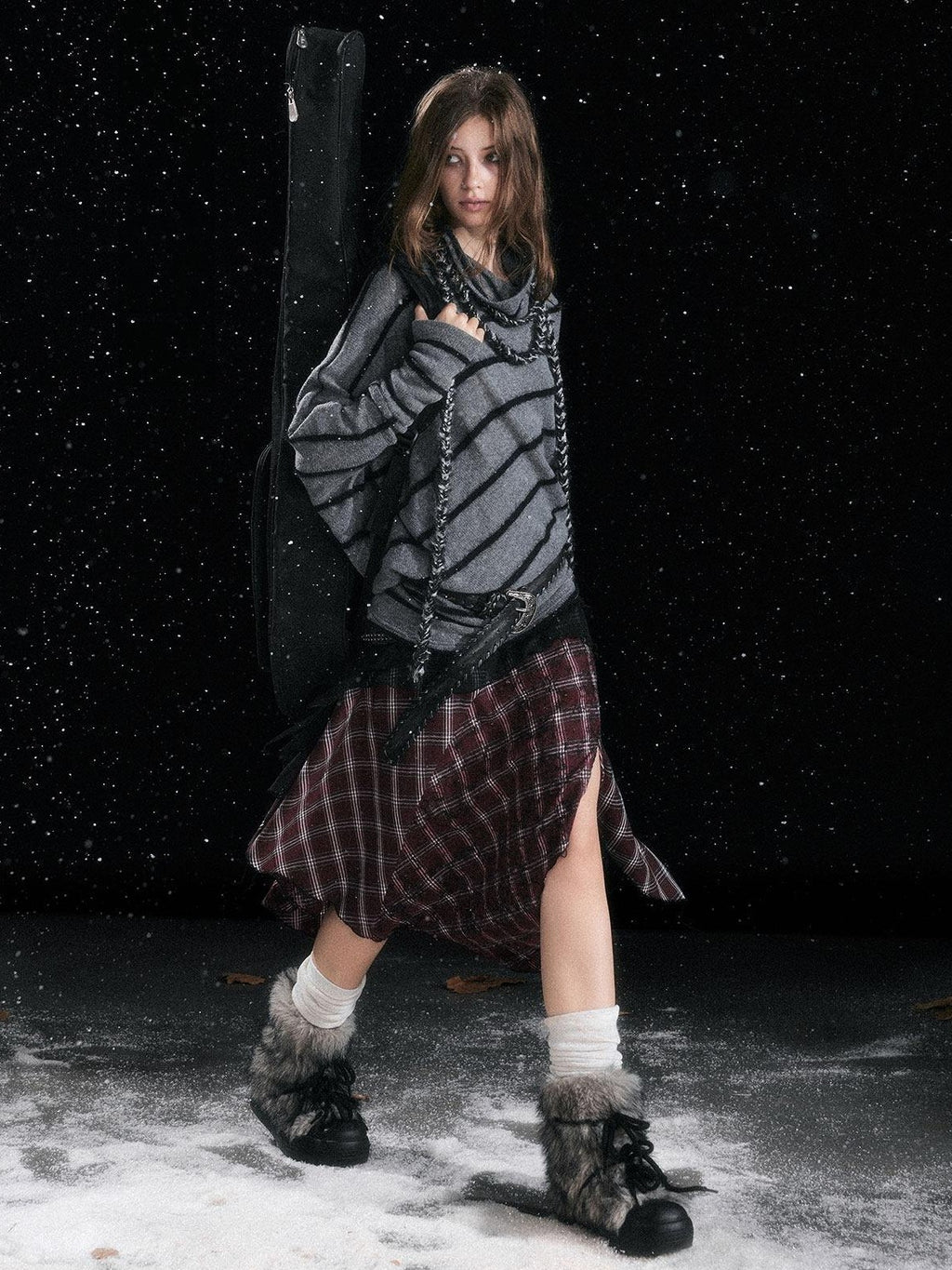 Cest Nous Cozy Thick Street Oversized Batwing Turtleneck Tie Front Women Striped Sweaters