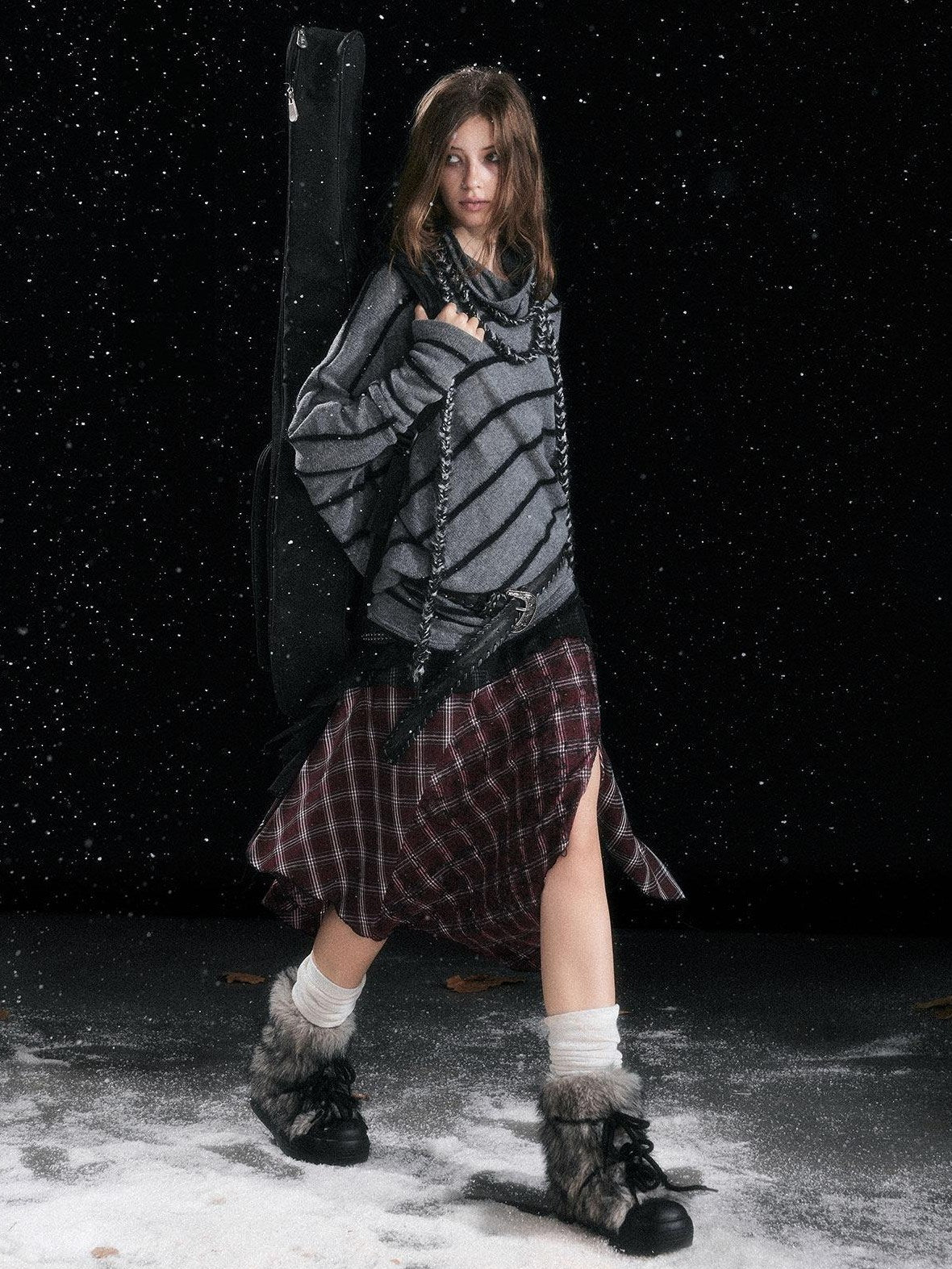 Cest Nous Cozy Thick Street Oversized Batwing Turtleneck Tie Front Women Striped Sweaters