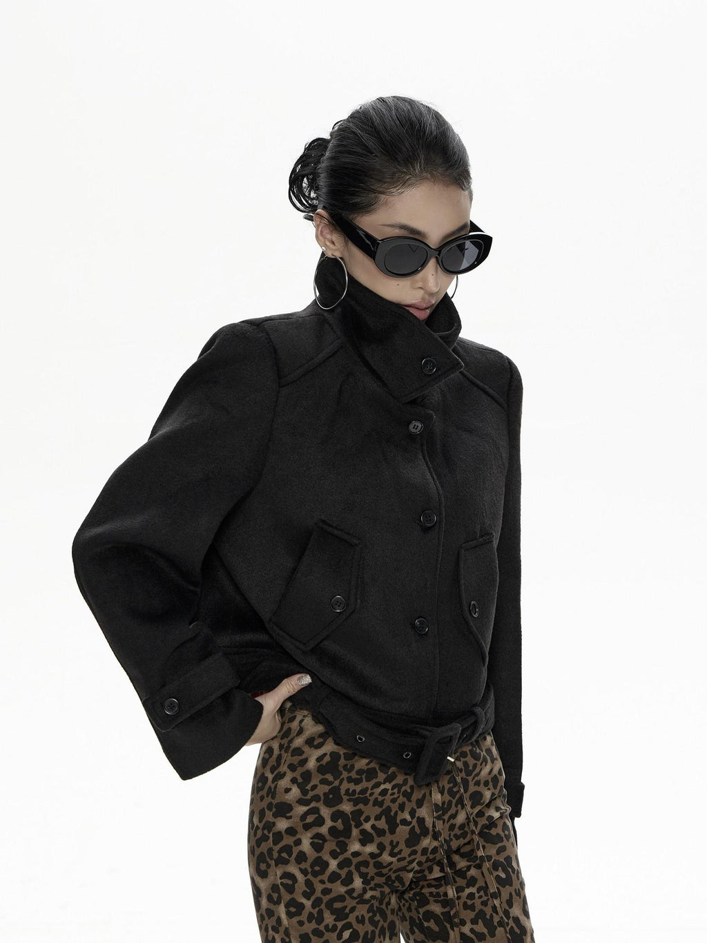 ZERO Cute Single Breasted Woven Long Sleeve Young Women Black Gray Cropped Jackets