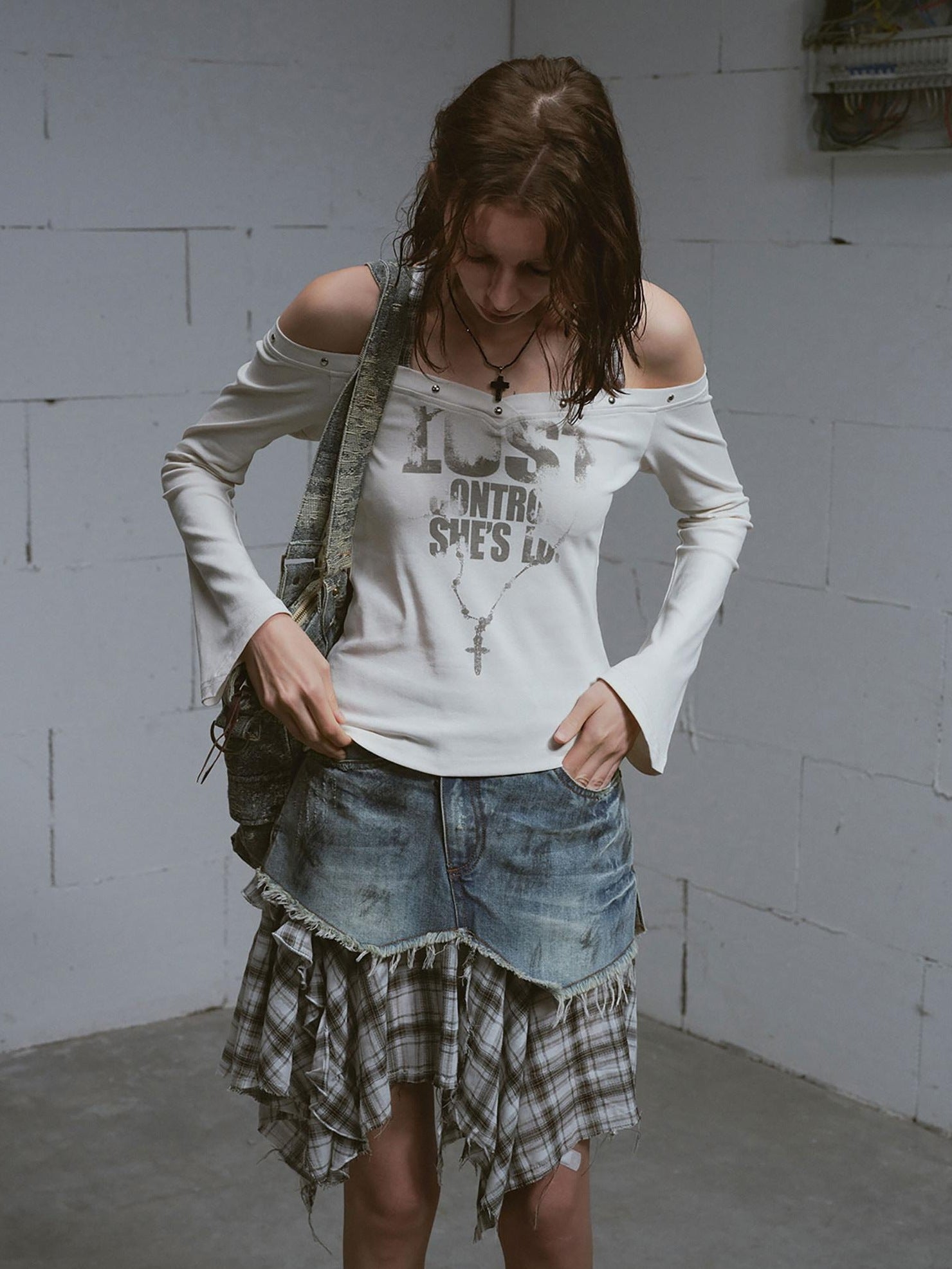 Cest Nous Printed Slim Street Punk Long Sleeve Straight Neck Women Haltercroptops