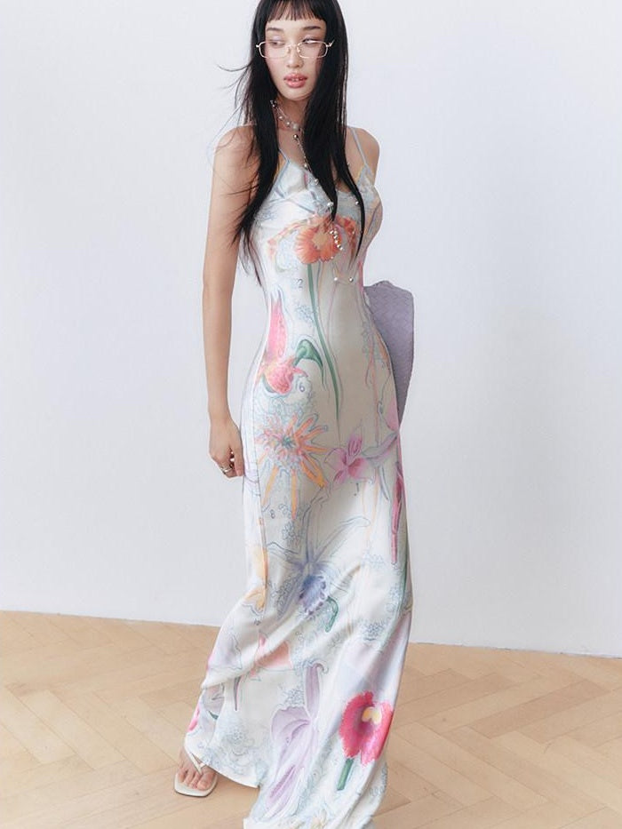 OfAkiva High Waist Southeast Asian Printed Spaghetti Strap A Line Polyester Maxi Dresses