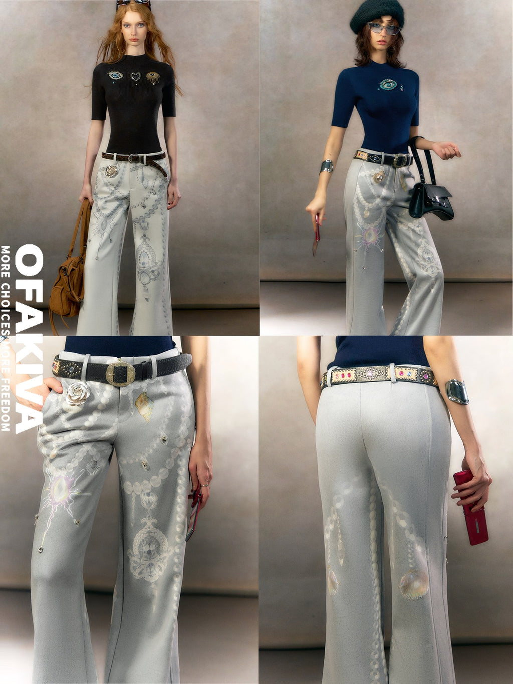 OfAkiva High Waisted Printed Chinese Style Zip Fly Women Gray Tailored Straight Pants