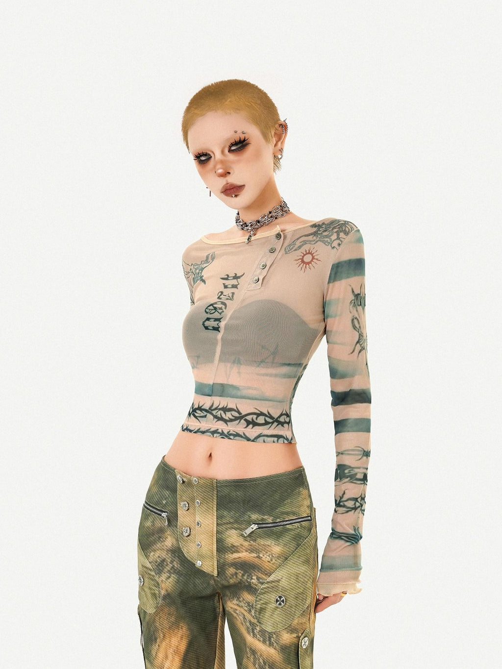 Nico Molly Vintage Tie Dye Floral Mesh Slim Fit Crew Neck Women Long Sleeve Crop Tops