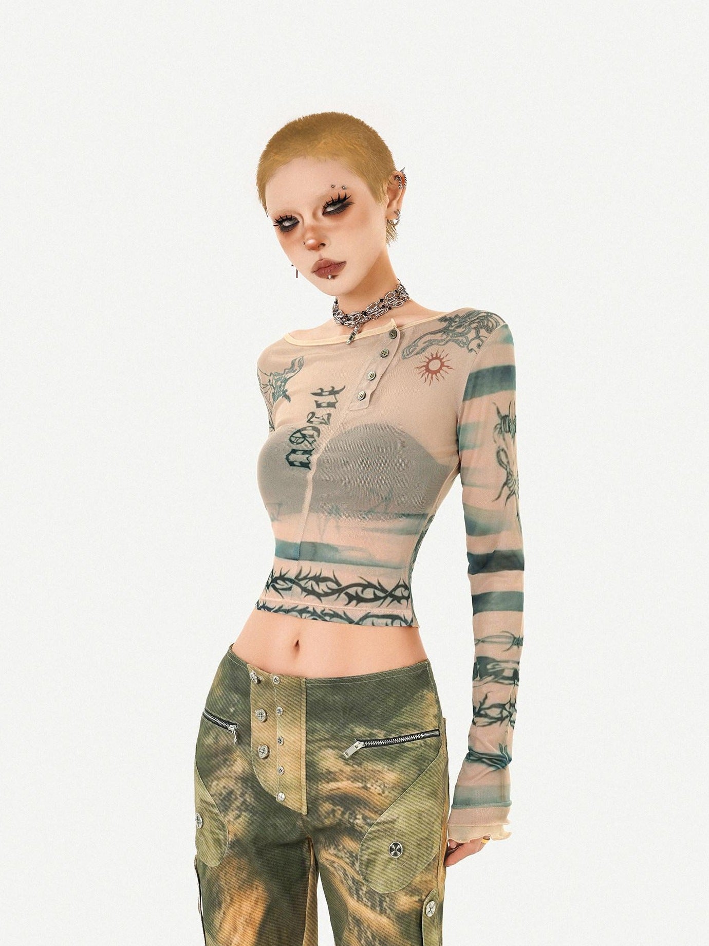 Nico Molly Vintage Tie Dye Floral Mesh Slim Fit Crew Neck Women Long Sleeve Crop Tops