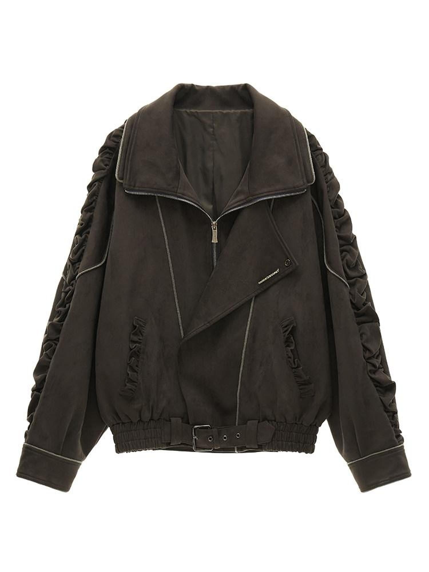 MAMC Stretch Polyester Loose Fit Mechanical Lapel Zipper Gray Leather Jackets