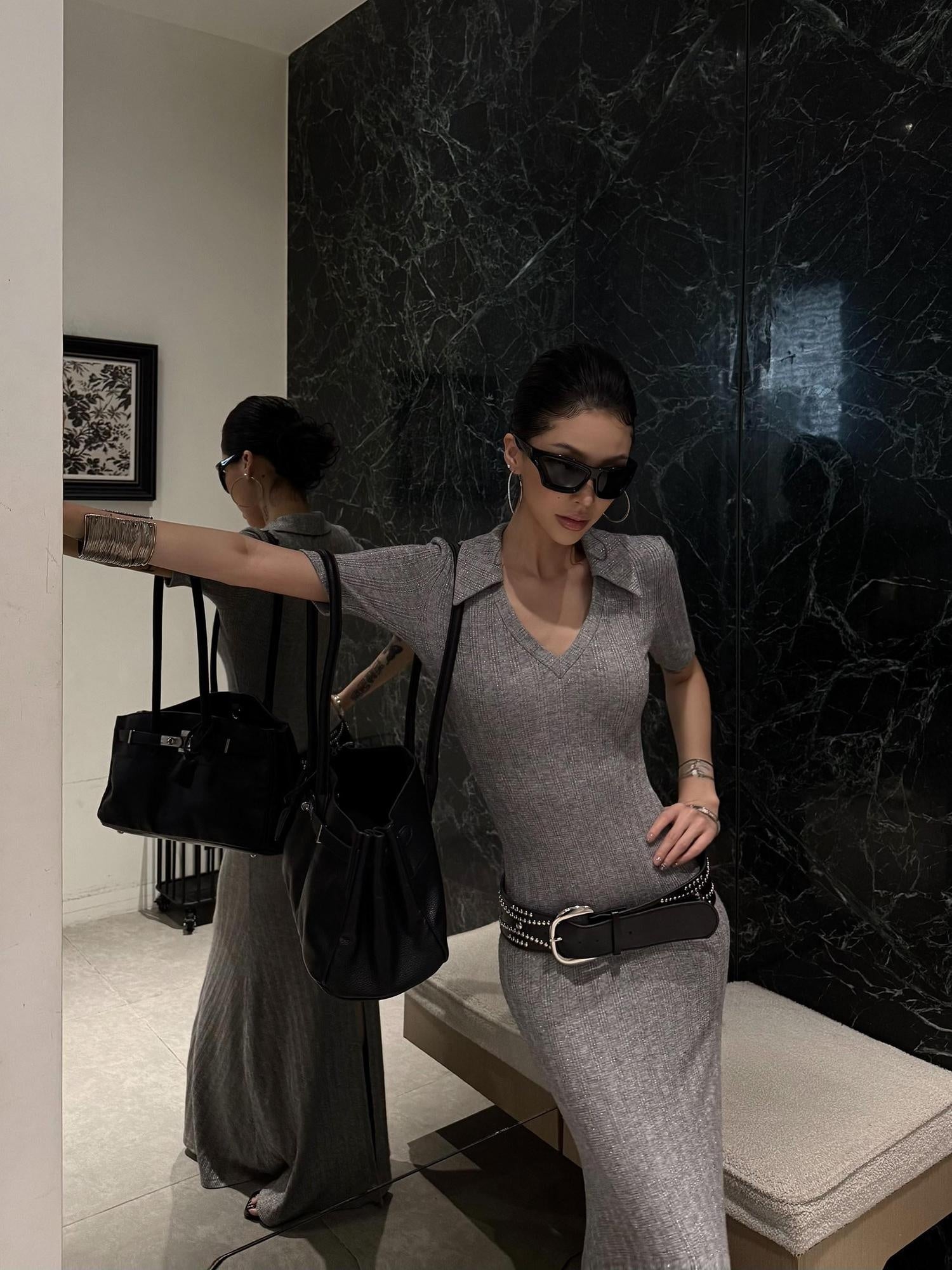 ZERO Soft Viscose Slit Mermaid Street Slim Elbow Sleeve Casual Women Maxi Dresses
