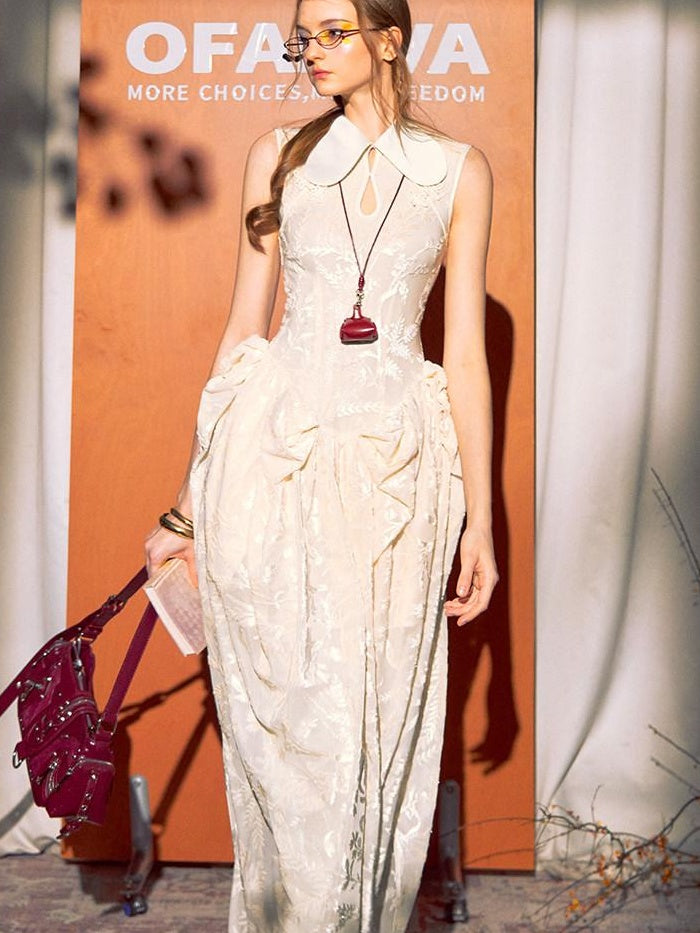 OfAkiva Elegant Chinese Style Jacquard High Waist A Line Two Piece Women Maxi Dresses