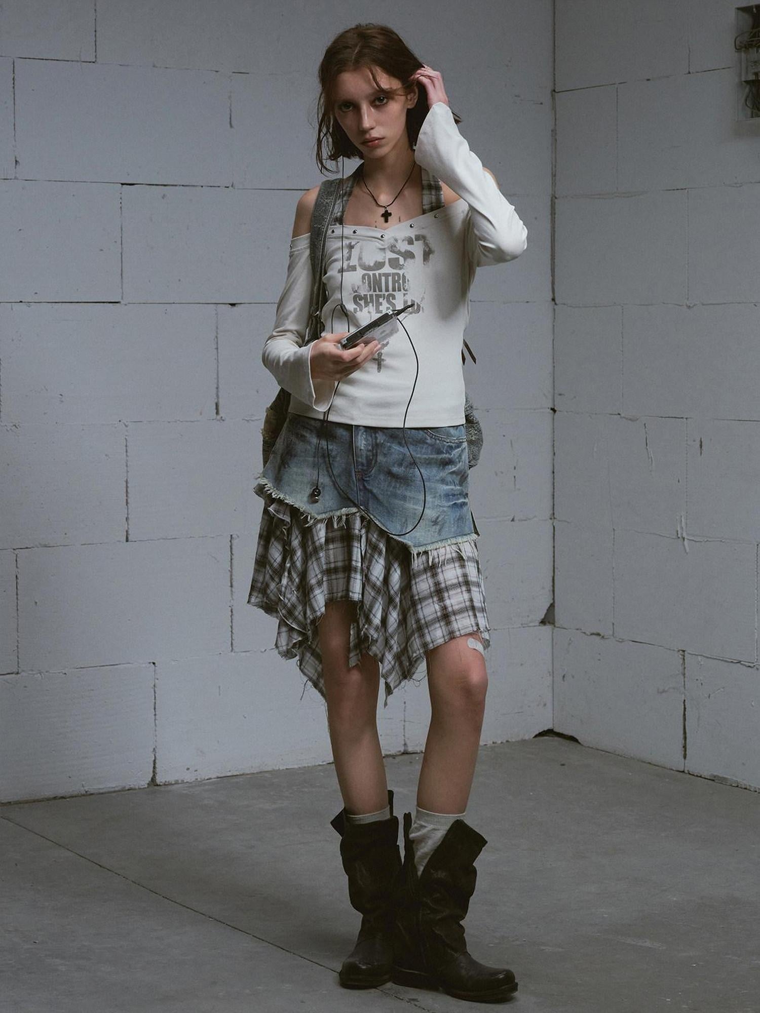 Cest Nous Printed Slim Street Punk Long Sleeve Straight Neck Women Haltercroptops