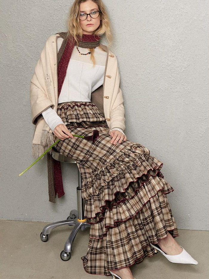 OfAkiva Pleated High Waist A Line Slim Fit City Commuter Women Plaid Maxi Skirts