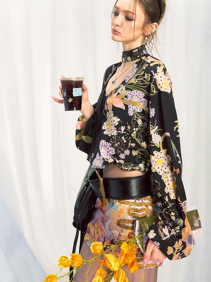 OfAkiva Slimming Vintage Loose Floral Chiffon V-neck Long Sleeve Women Printed Blouses