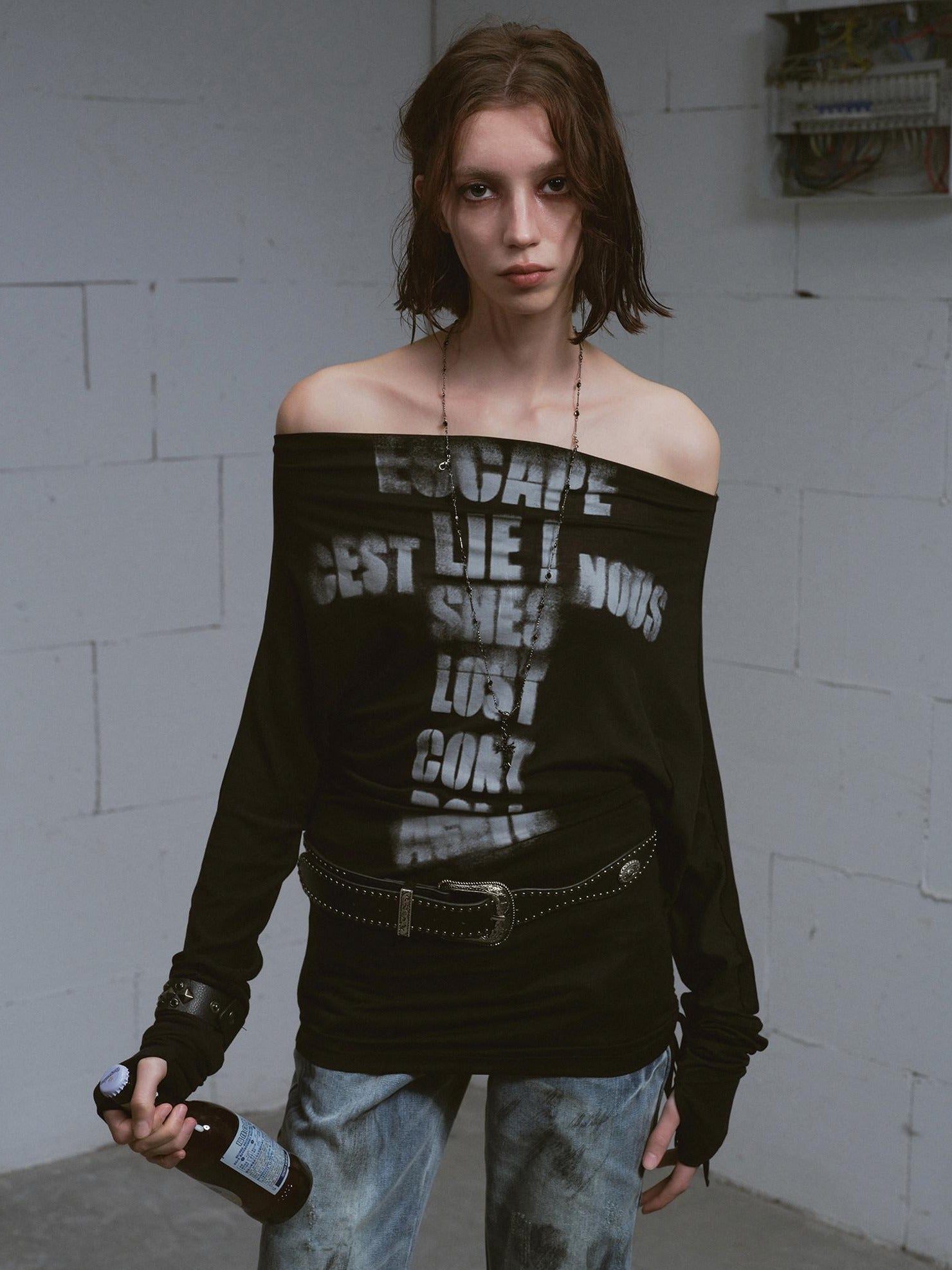 Cest Nous Lyocell Printed Street Punk Loose Batwing Women Crop Offshouldercroptops