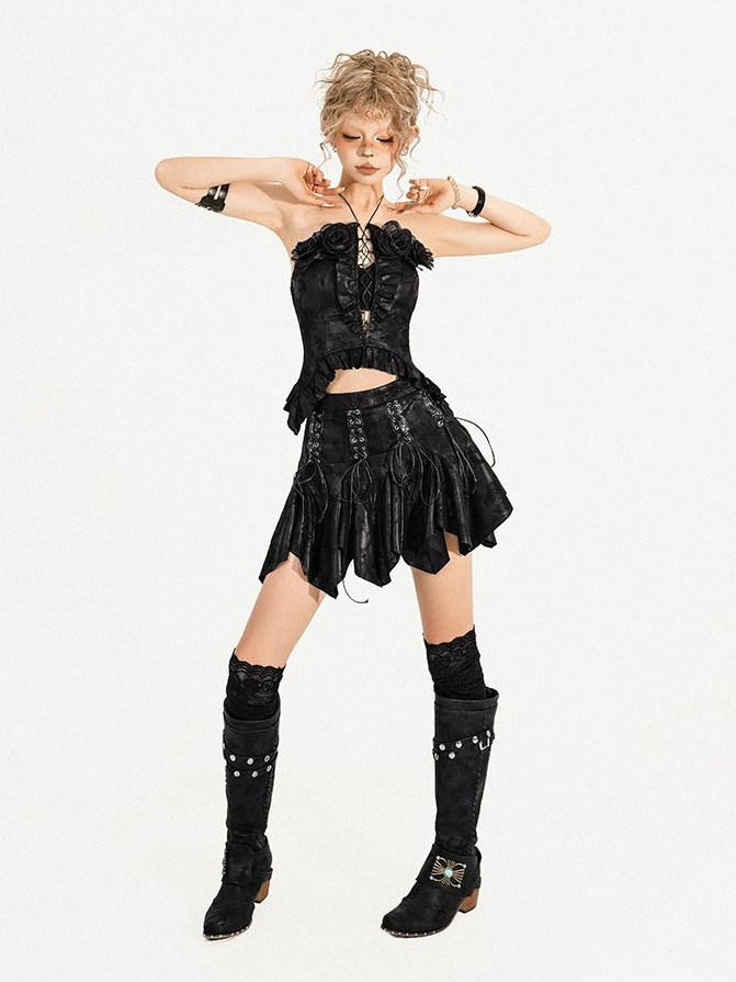 Nico Molly Regenerated Viscose Eco Fabric Mid Rise A Line Textured Black Girls Mini Skirts