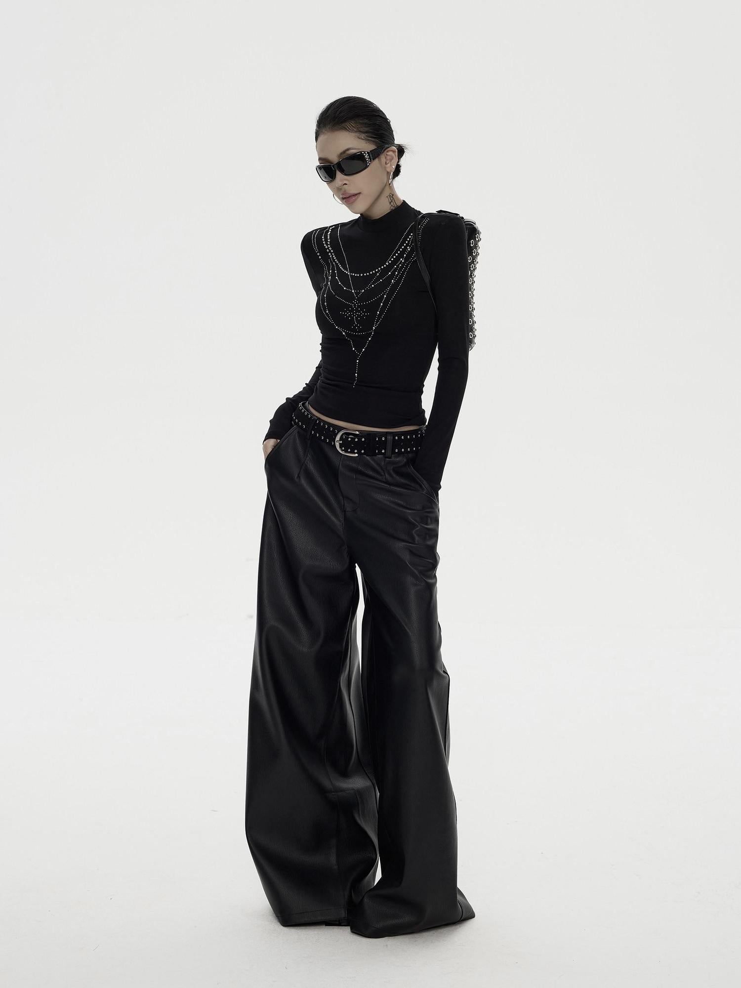ZERO Rhinestone Street Slim High Neck Lyocell Knit Women Long Sleeve Crop Tops
