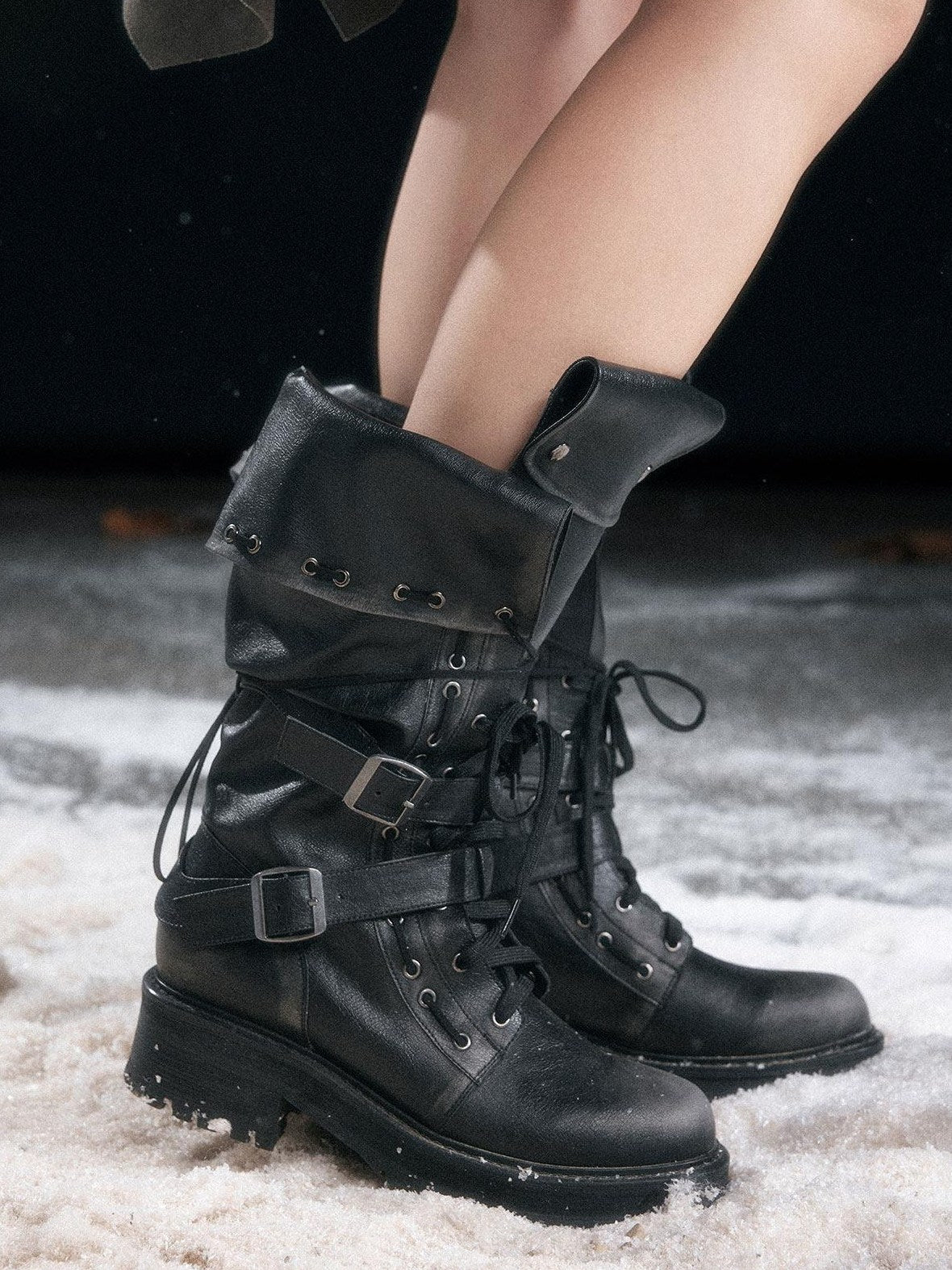 Cest Nous Low Heel Mid Calf Belt Buckle Casual Riding Round Toe Leather Lined Black Boots
