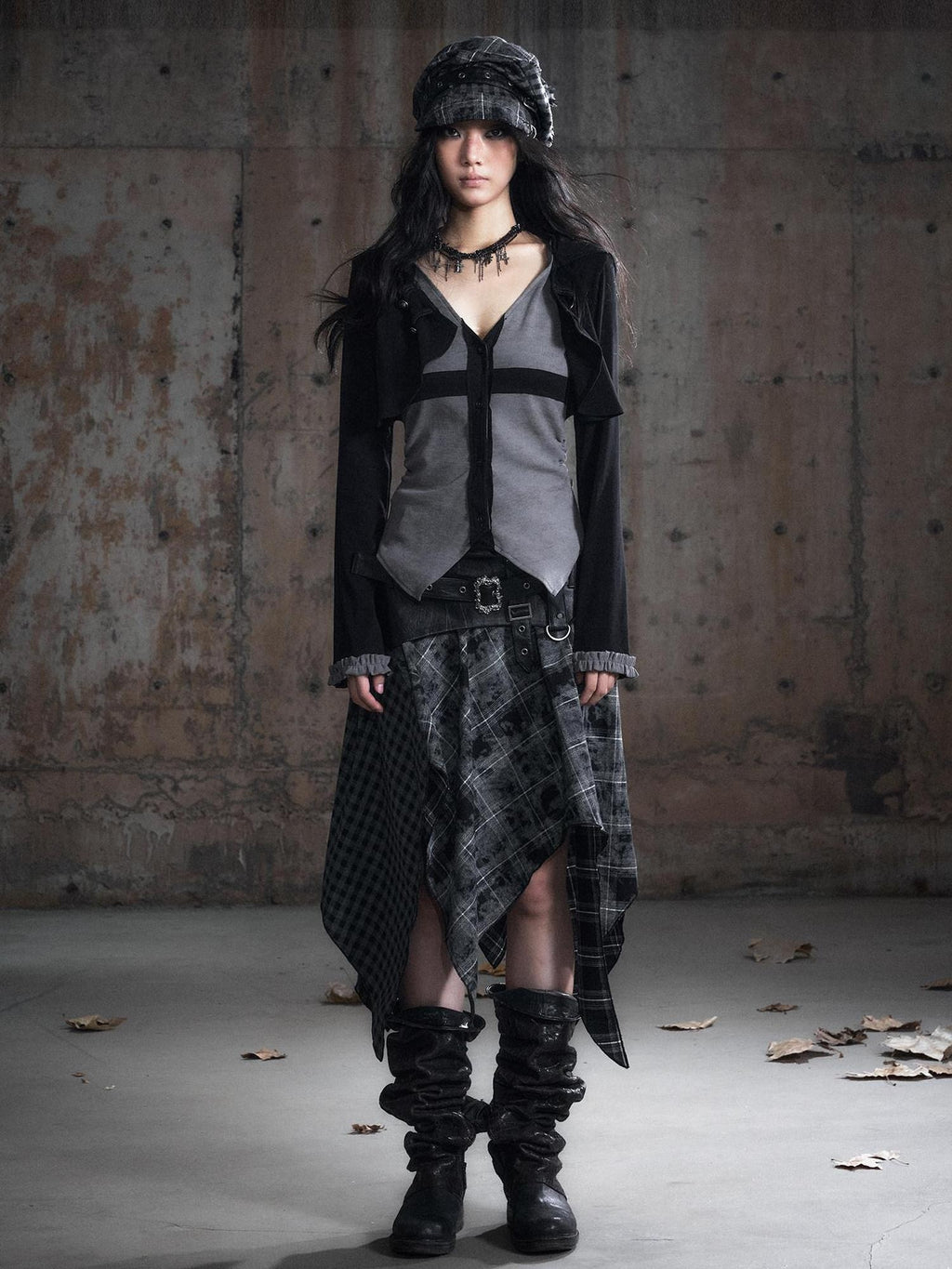 Cest Nous Slim Hooded Patchwork Knit Punk Long Sleeve Open Front Women Black Gray Blouses