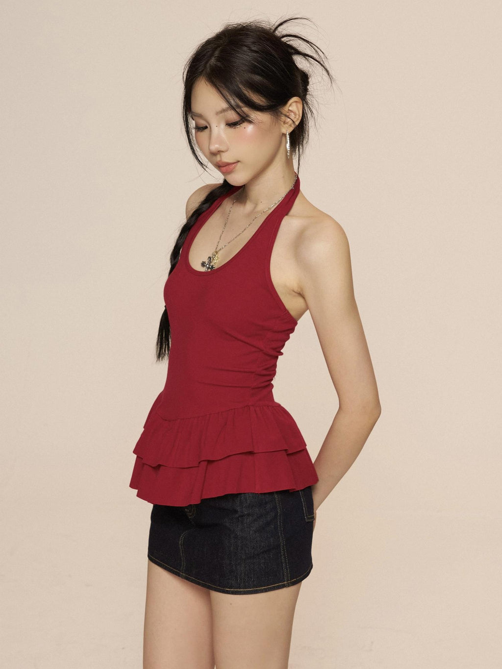ZERO Soft Viscose Ruffle Trim Slim Fit Halter Neck Women Red Black Sky Blue Camisoles