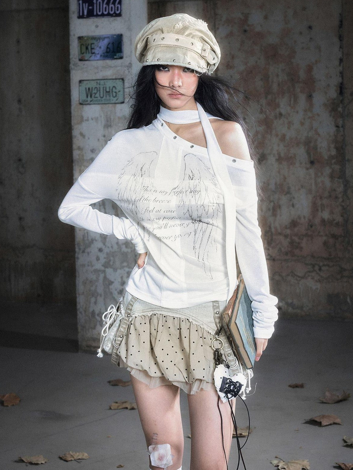 Cest Nous Punk Polka Dot Long Sleeve Asymmetric Women Poly Blend Offshouldercroptops