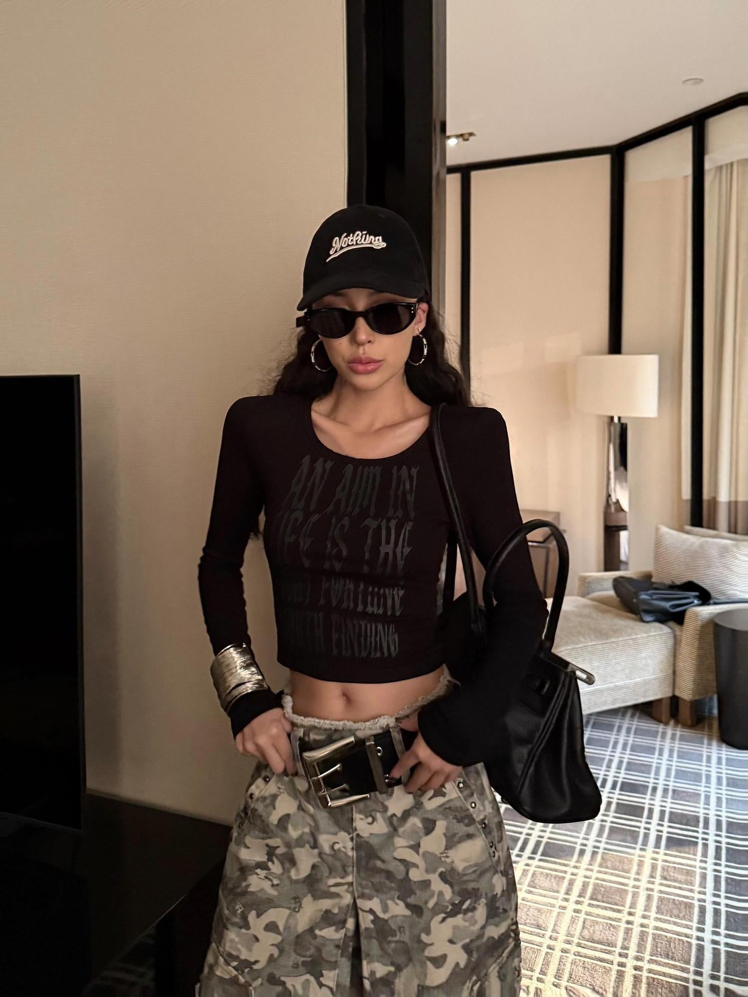 ZERO Sexy Viscose Knit Slim Fit Letter Print For Young Women Long Sleeve Crop Tops