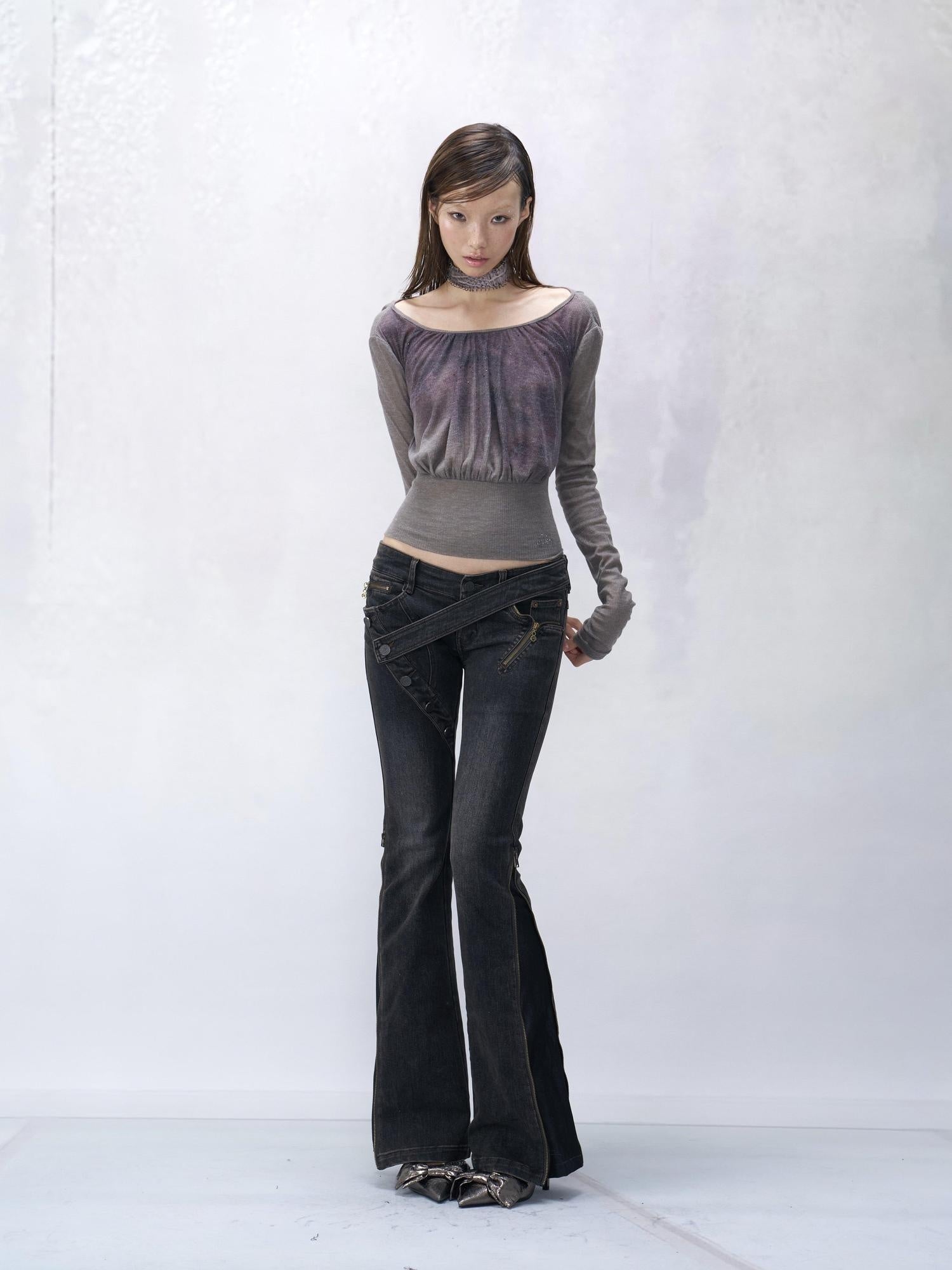Flowers birds Market 100% Cotton Slim Cropped Striped Crew Neck Gray Printed Long Sleeve T-Shirts