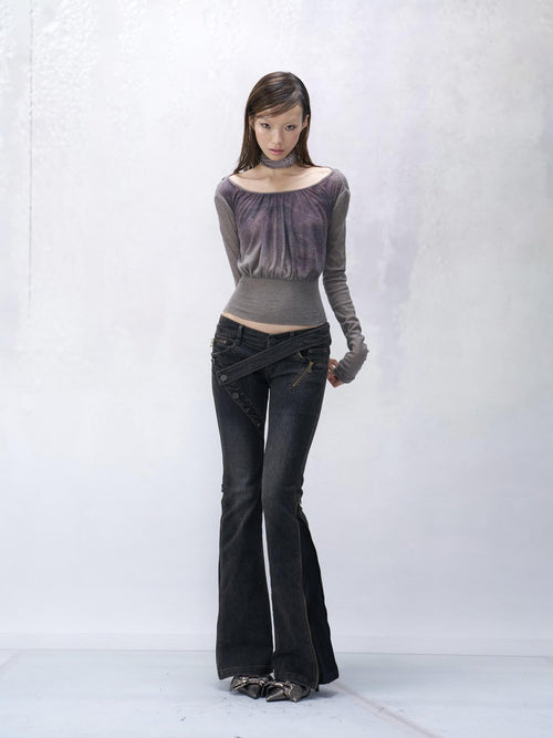 Flowers birds Market 100% Cotton Slim Cropped Striped Crew Neck Gray Printed Long Sleeve T-Shirts
