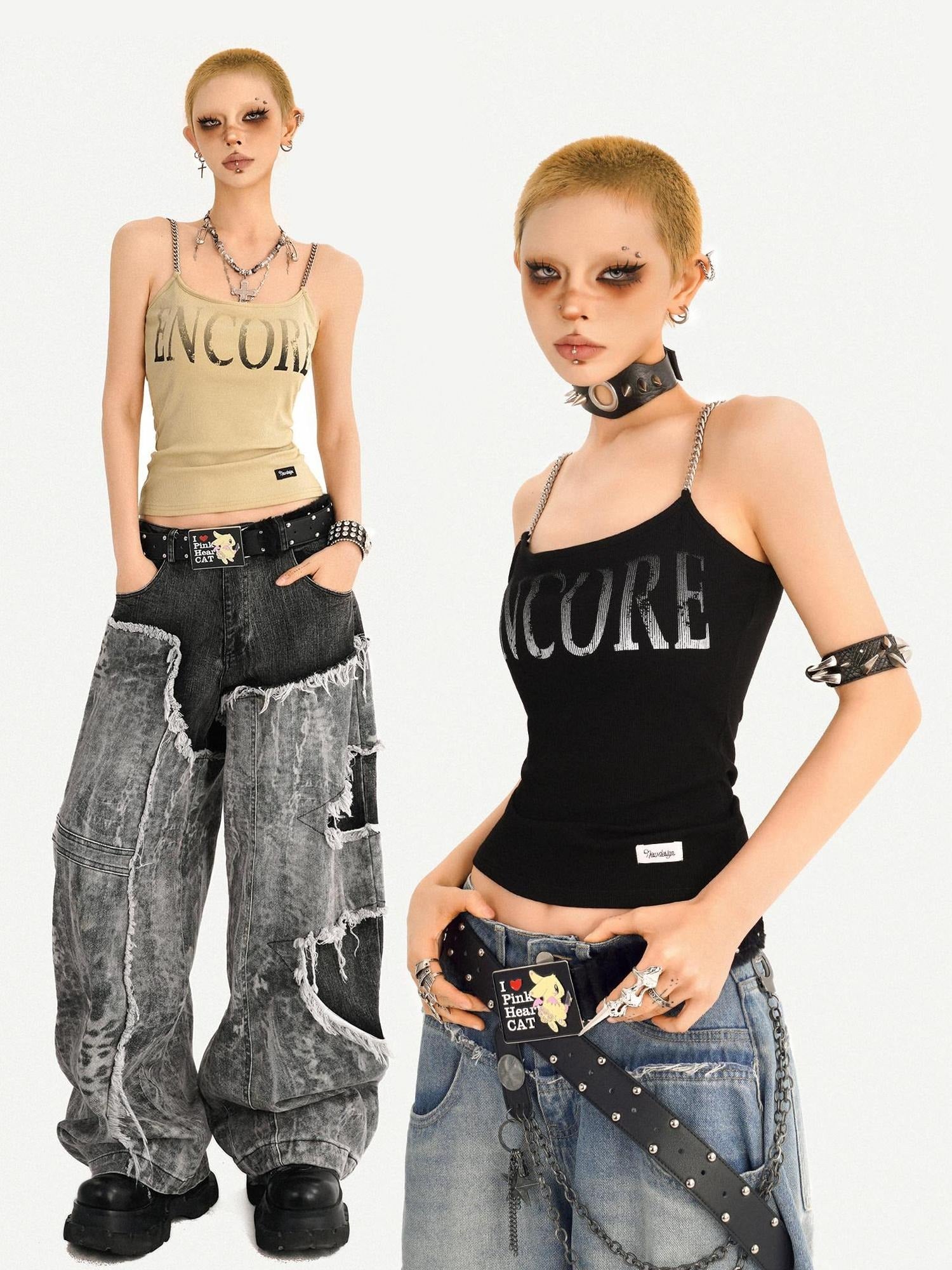 Nico Molly Loose U Neck Printed Short Non Padded Women Layering Khaki Black Camisoles