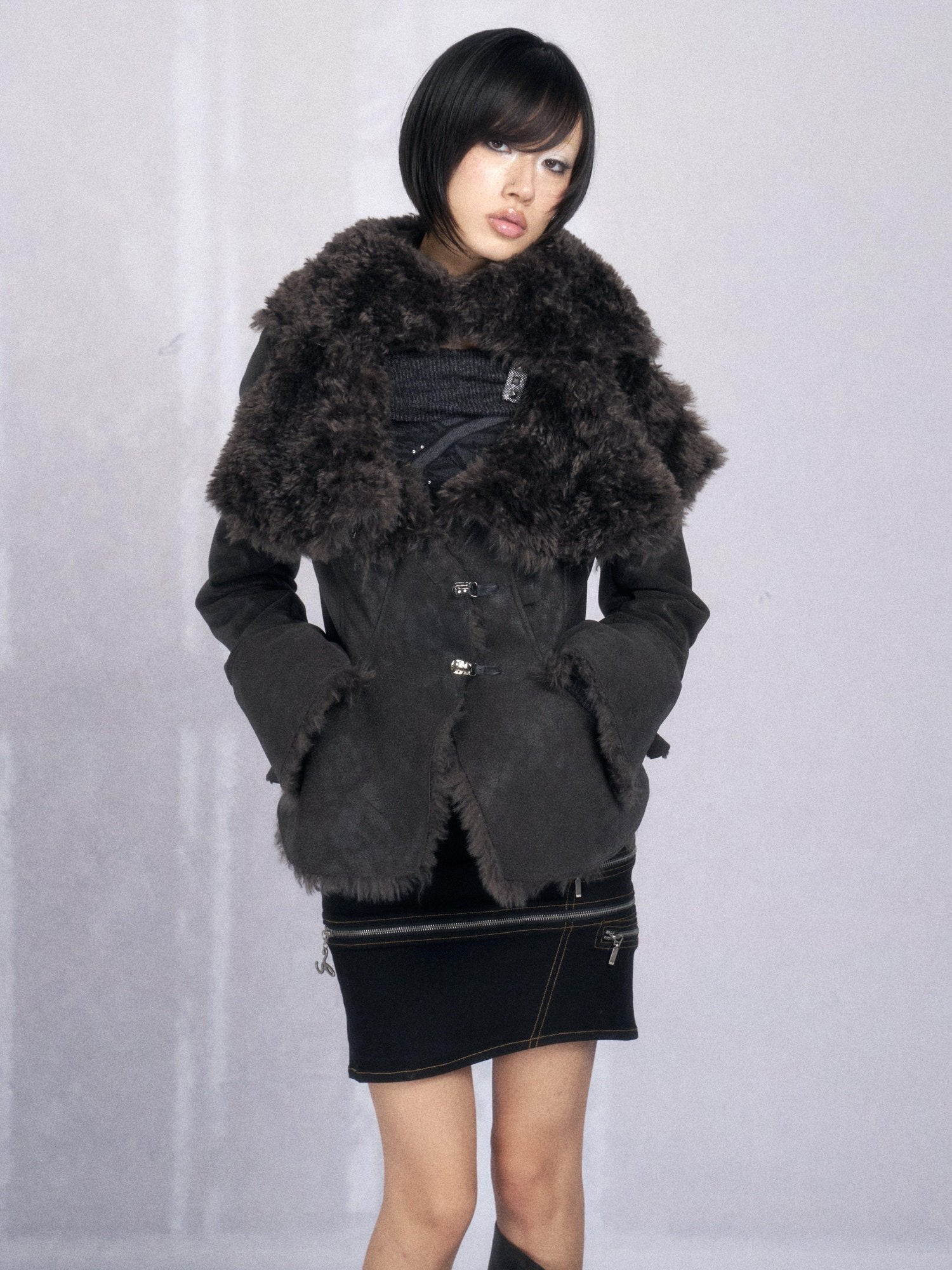 OPEN AESTHETIC Warm Faux Fur Oversized Lapel Collar Women Dark Aesthetic Black Casual Jackets