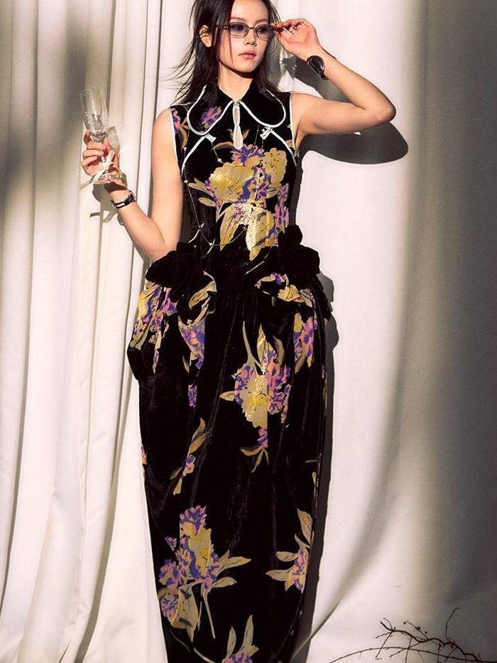 OfAkiva Elegant Chinese Style Jacquard High Waist A Line Two Piece Women Maxi Dresses