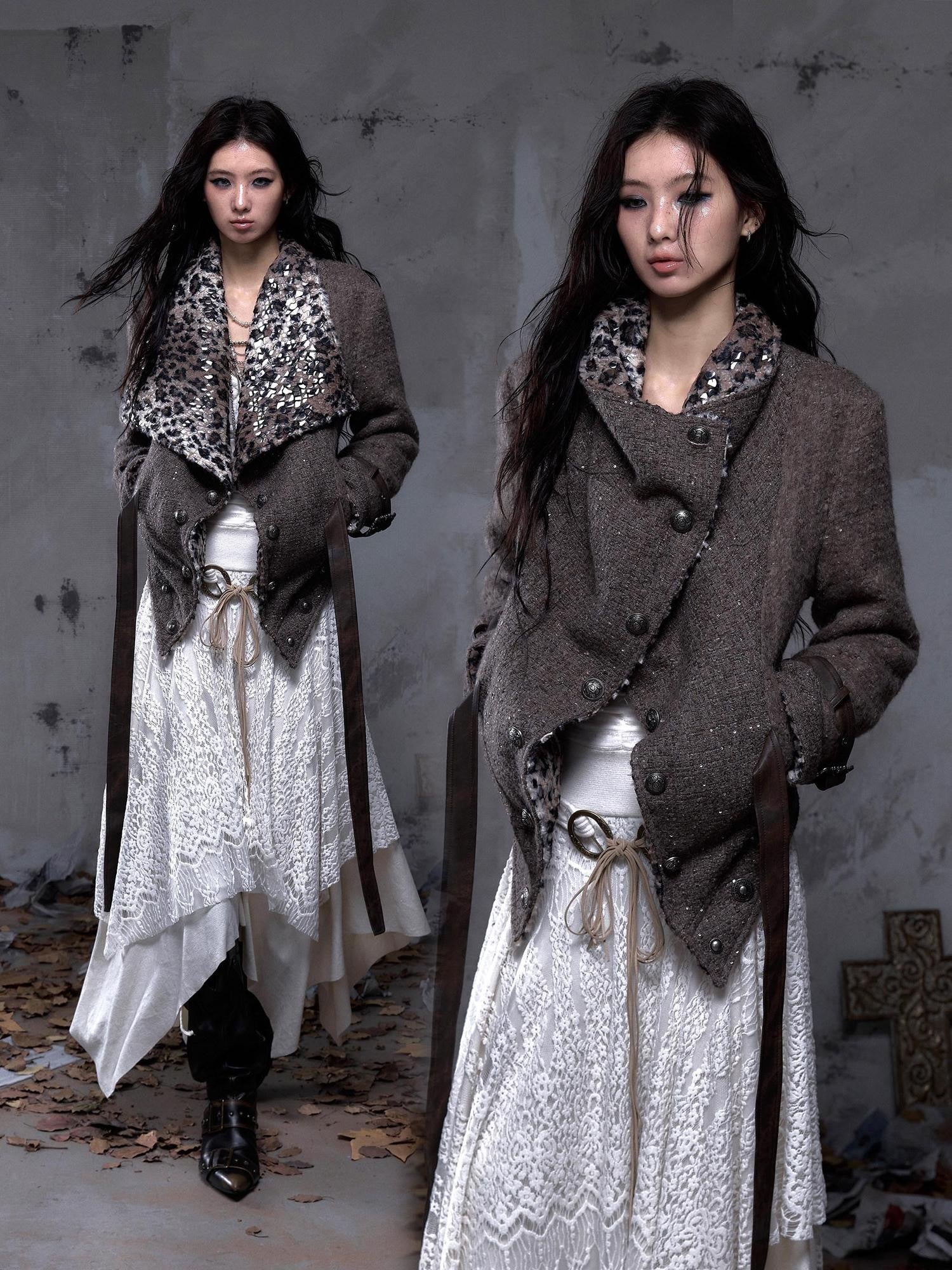 NO ROMANCE Leopard Print Patchwork Reversible Lapel Women'S Boucle Tweed Plush Short Coats