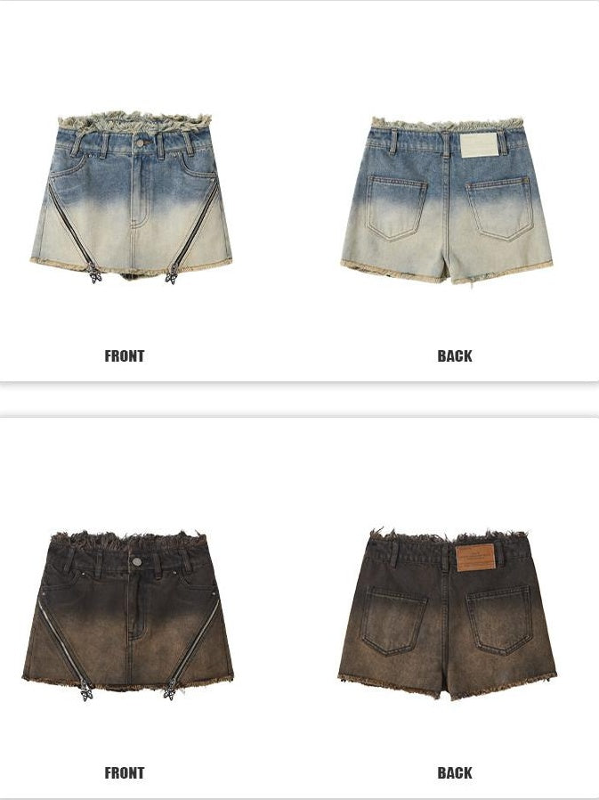 OfAkiva Washed High Waist Classic Fit Women Xs To Xl Blue And Brown Denim Shorts